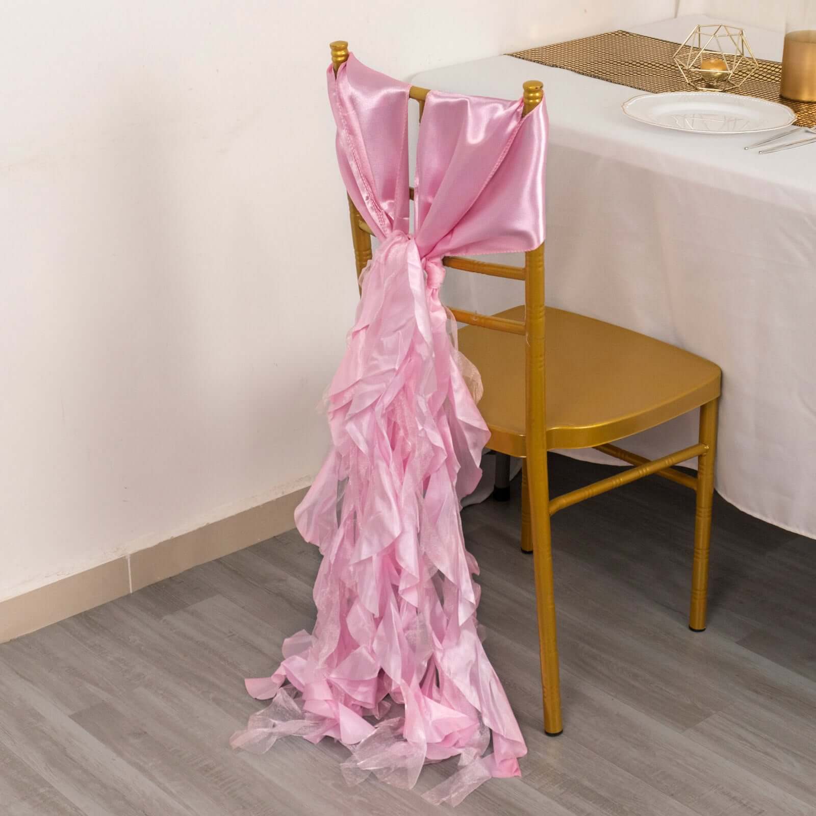 5-Piece Pink Chiffon Satin Curly Willow Chair Sashes - Effortless Installation