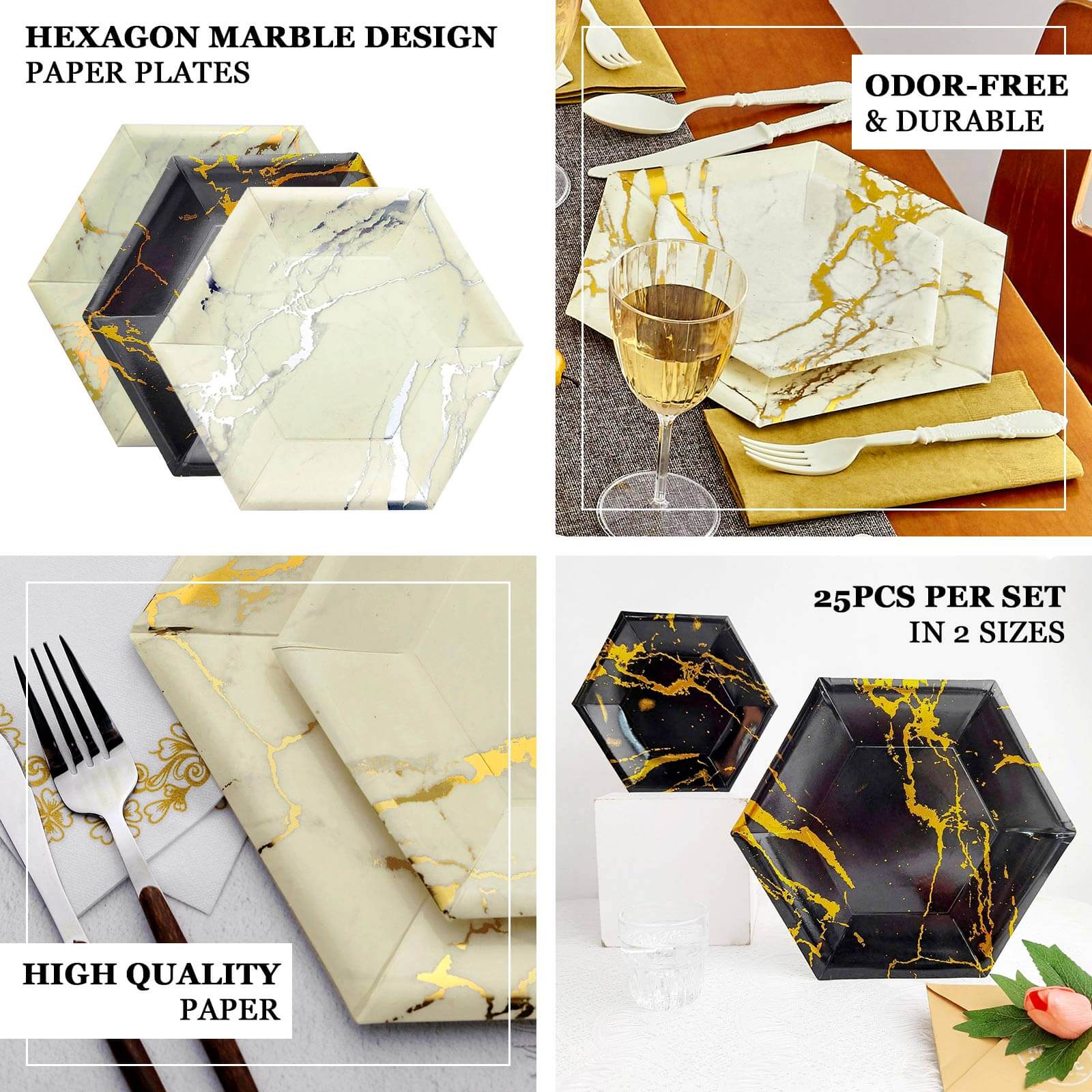 25-Pack Disposable 12" Black Paper Dinner Plates with Gold Marble Design - Ideal for Events