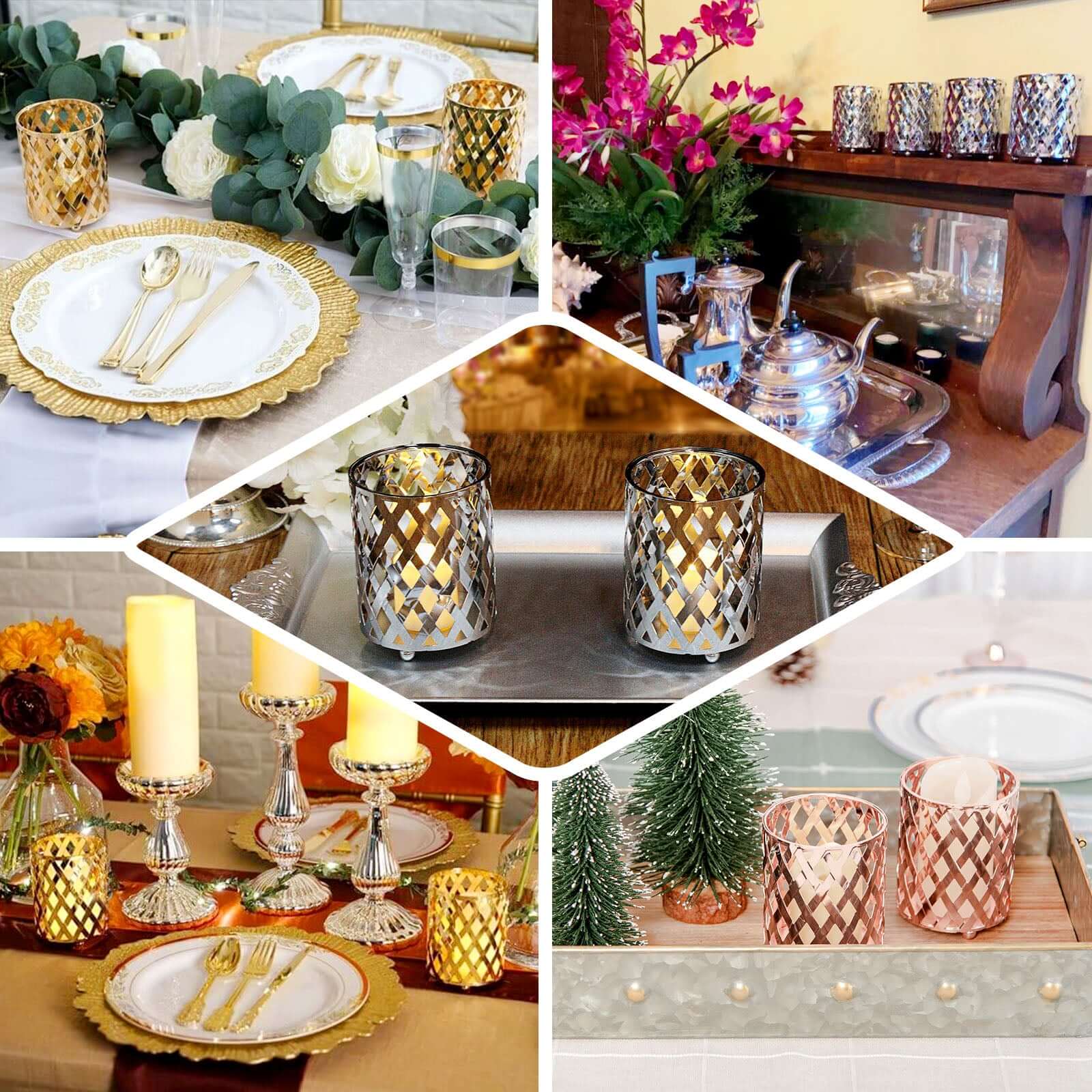 2-Piece Gold Metal Votive Candle Holders with Diamond Cut Geometric Design for Home and Events
