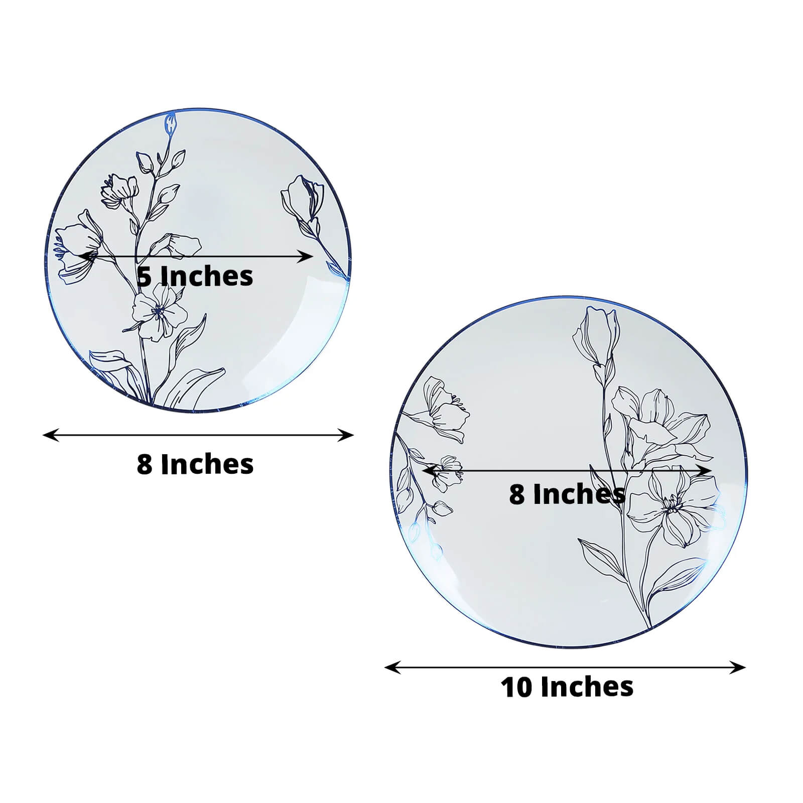 Stylish Disposable Set of 20 White Plastic Plates with Metallic Blue Floral Design - 8, 10 Inches
