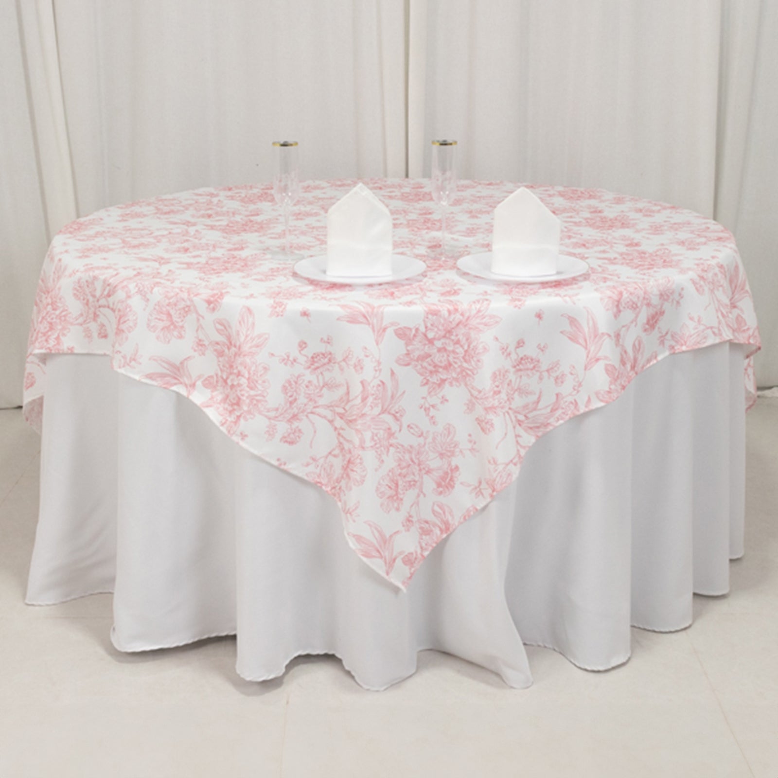 70x70 Polyester White - Pink French Toile Pattern Square Table Overlay for Elegant Gatherings