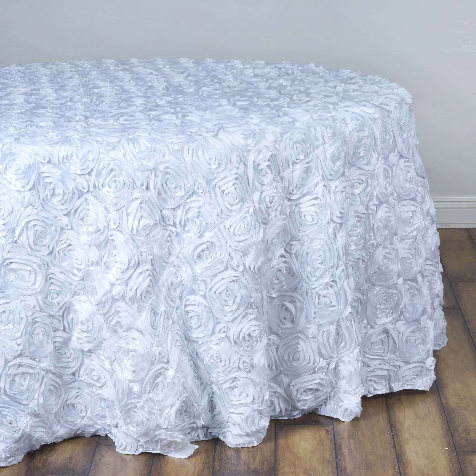 Hot Sale! White Satin 132-Inch Round Tablecloth with Stunning 3D Rosette Design for Elegant Events