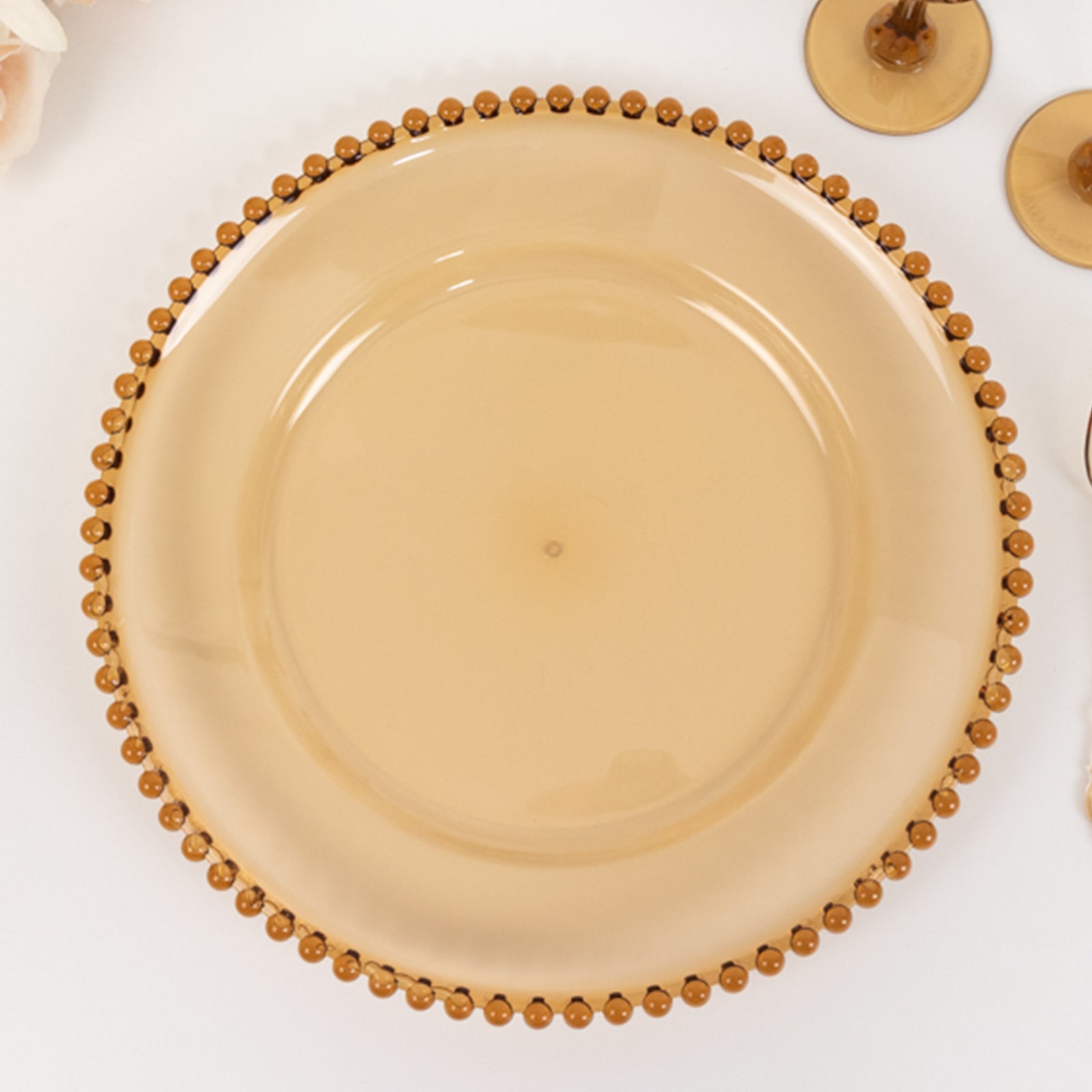Set of 6 Acrylic Round 13-inch Amber Gold Charger Plates with Beaded Edging for Dinner Parties