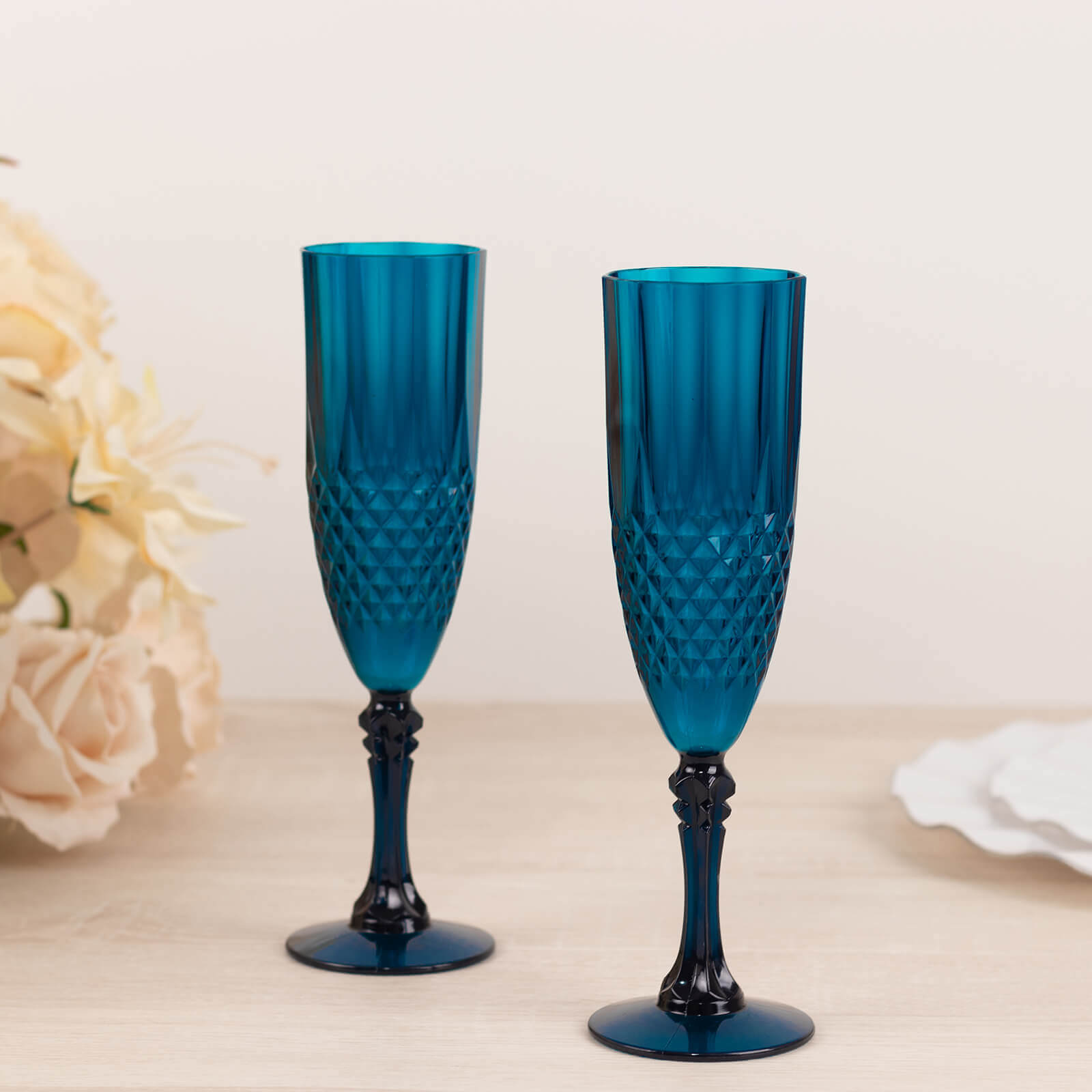 6-Piece Set of Reusable Navy Blue 8oz Plastic Champagne Toast Flutes with Crystal Cut Design