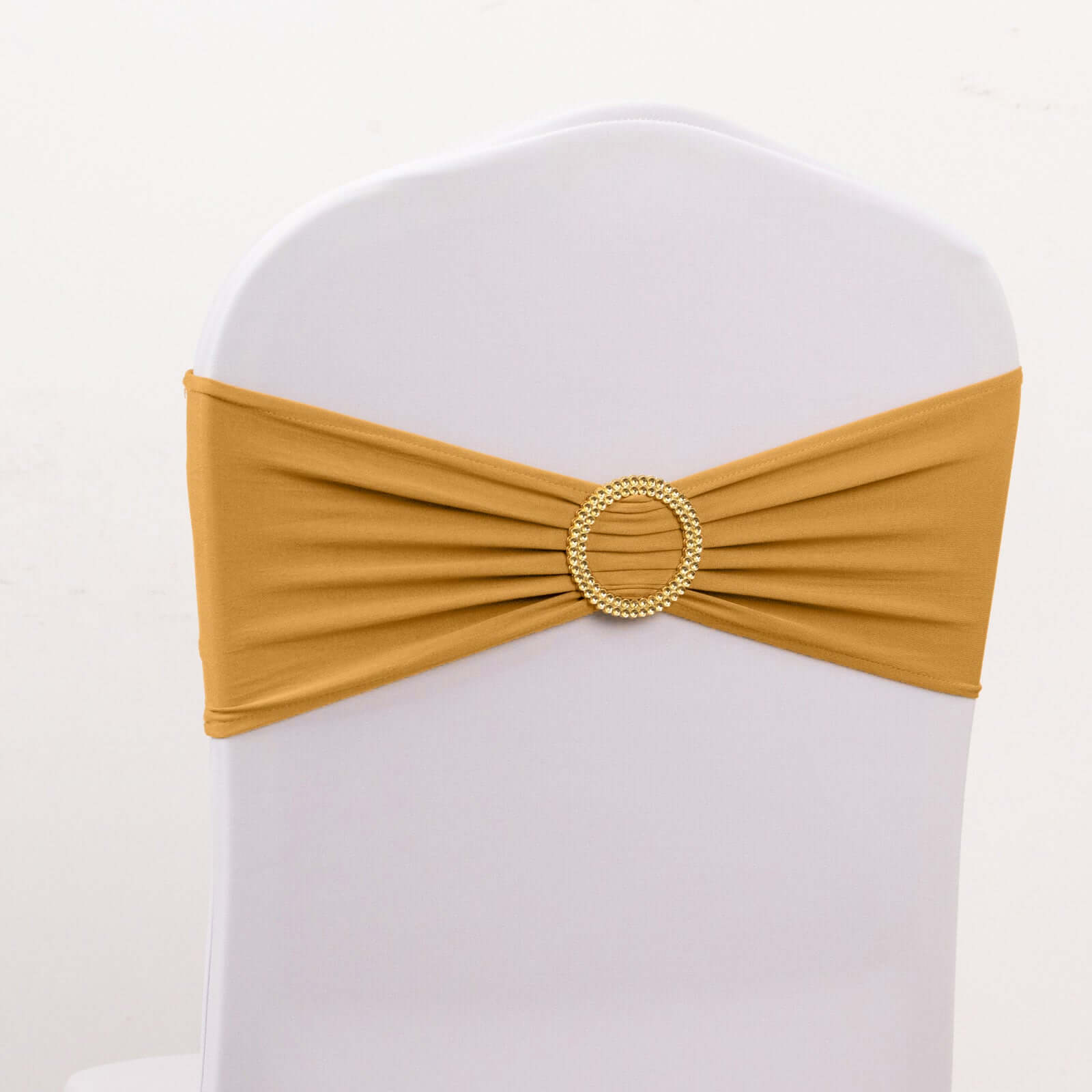 5-Piece Gold Spandex Chair Sashes with Sparkling Gold Rhinestone Buckles - Reusable 4-Way Stretch for Elegant Weddings and Parties