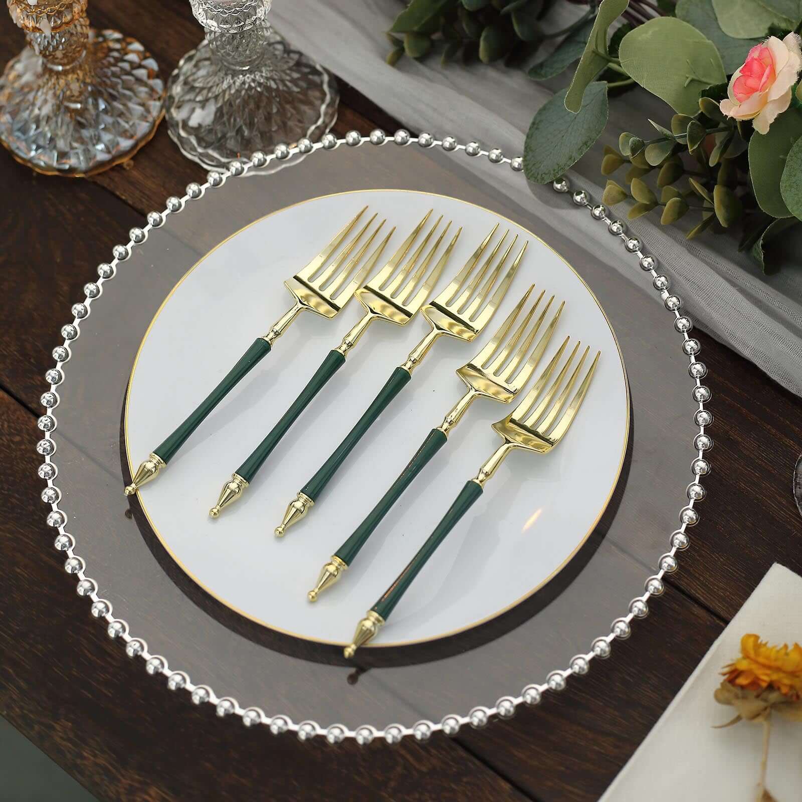 24-Pack 6" Gold & Hunter Emerald Green Plastic Dessert Forks with Roman Column Handles - European Style Disposable Utensils