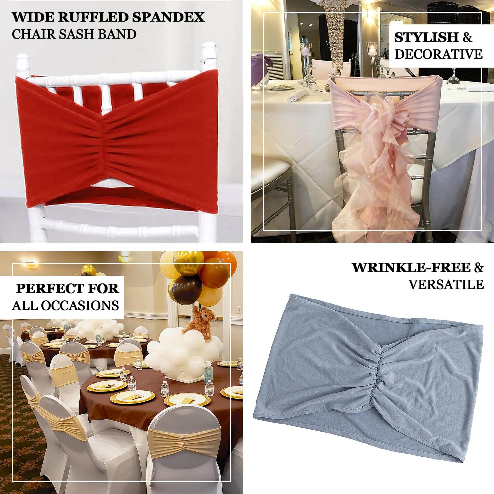 5-Pack Red Ruffled Spandex Chair Sashes - Wide & Easy Stretch Bands