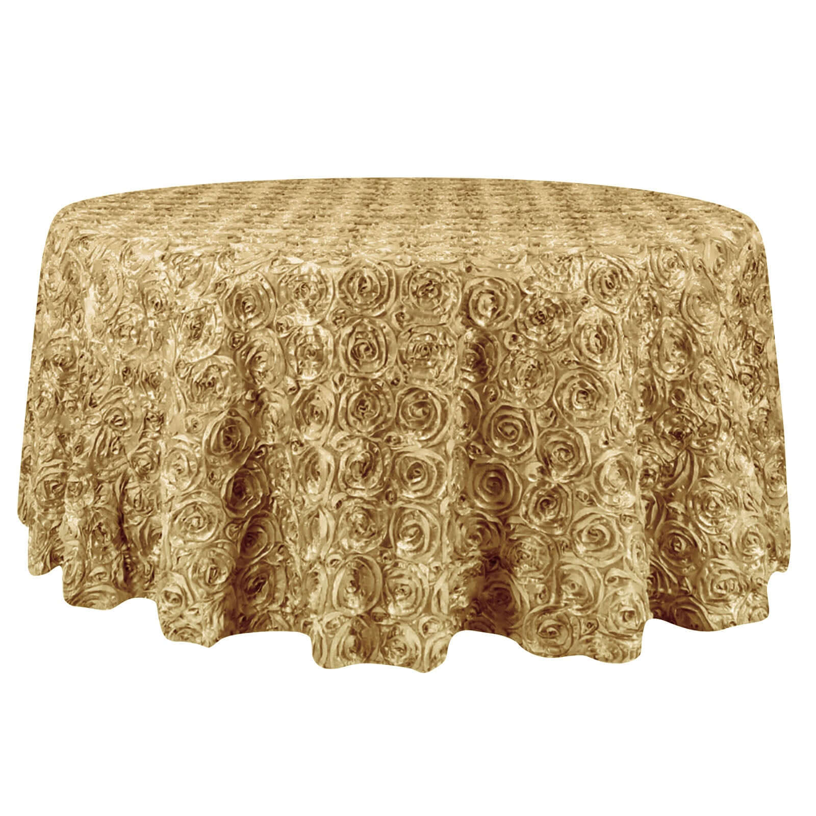 Hot Sale! Champagne Satin 132-Inch Round Tablecloth with Seamless 3D Rosette Design