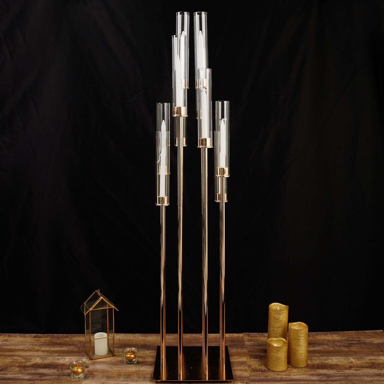 Stylish 10-Arm Gold Cluster Taper Candle Holder with Clear Glass Shades for Gatherings