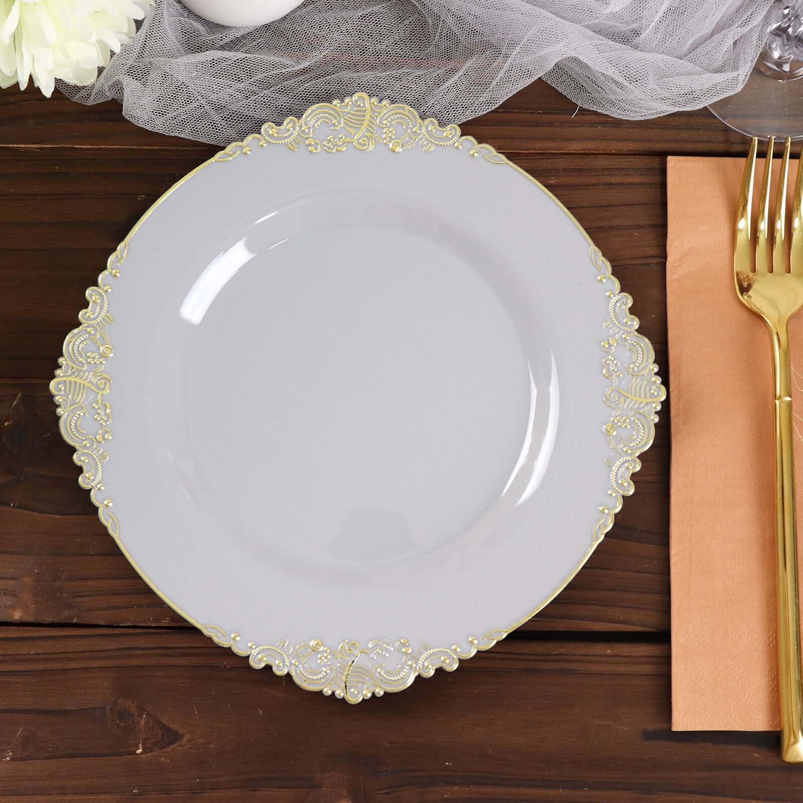 10-Pack Disposable Gray Plastic Round Dessert Plates with Gold Leaf Embossed Rim, Baroque Style