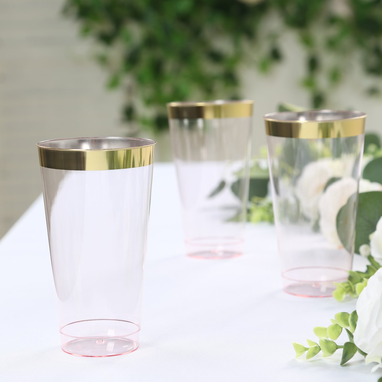 Hot Deal! 12-Pack 17oz Durable Disposable Plastic Party Cups with Transparent Blush and Gold Rim