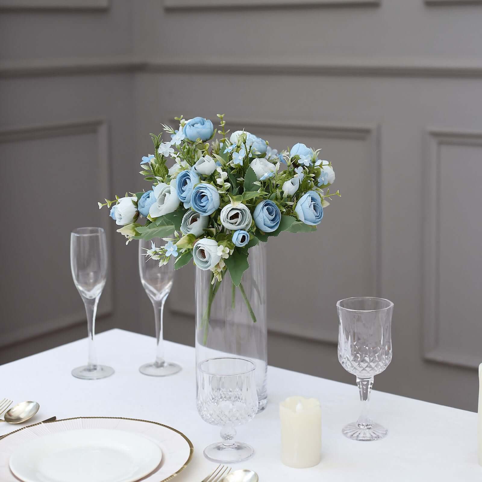 4-Pack Dusty Blue Artificial Ranunculus Silk Flower Bouquets for Bridal and Decor