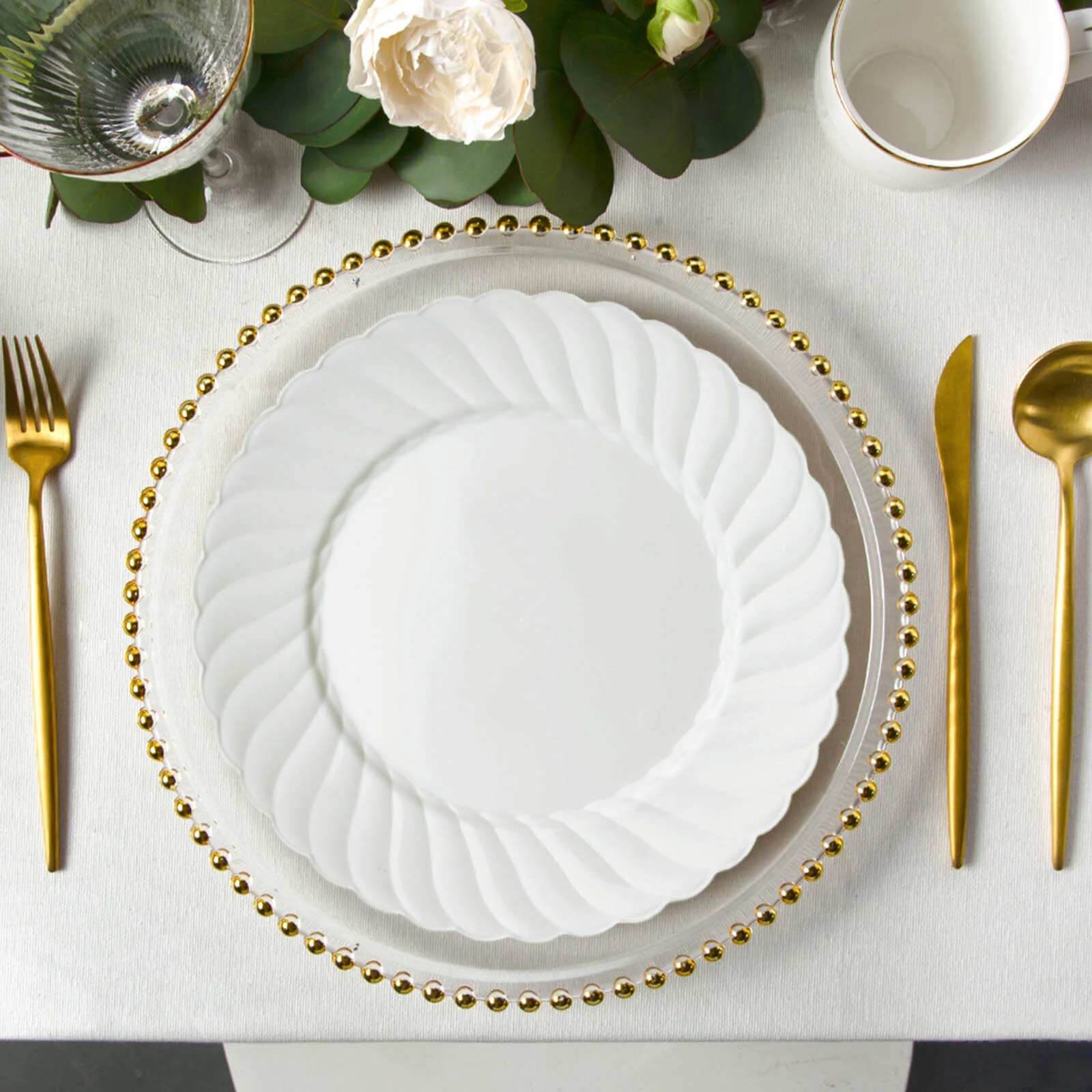 12-Piece Set of Durable Disposable Glossy White Swirl Rim Plastic Dinner Plates, 10 Inches