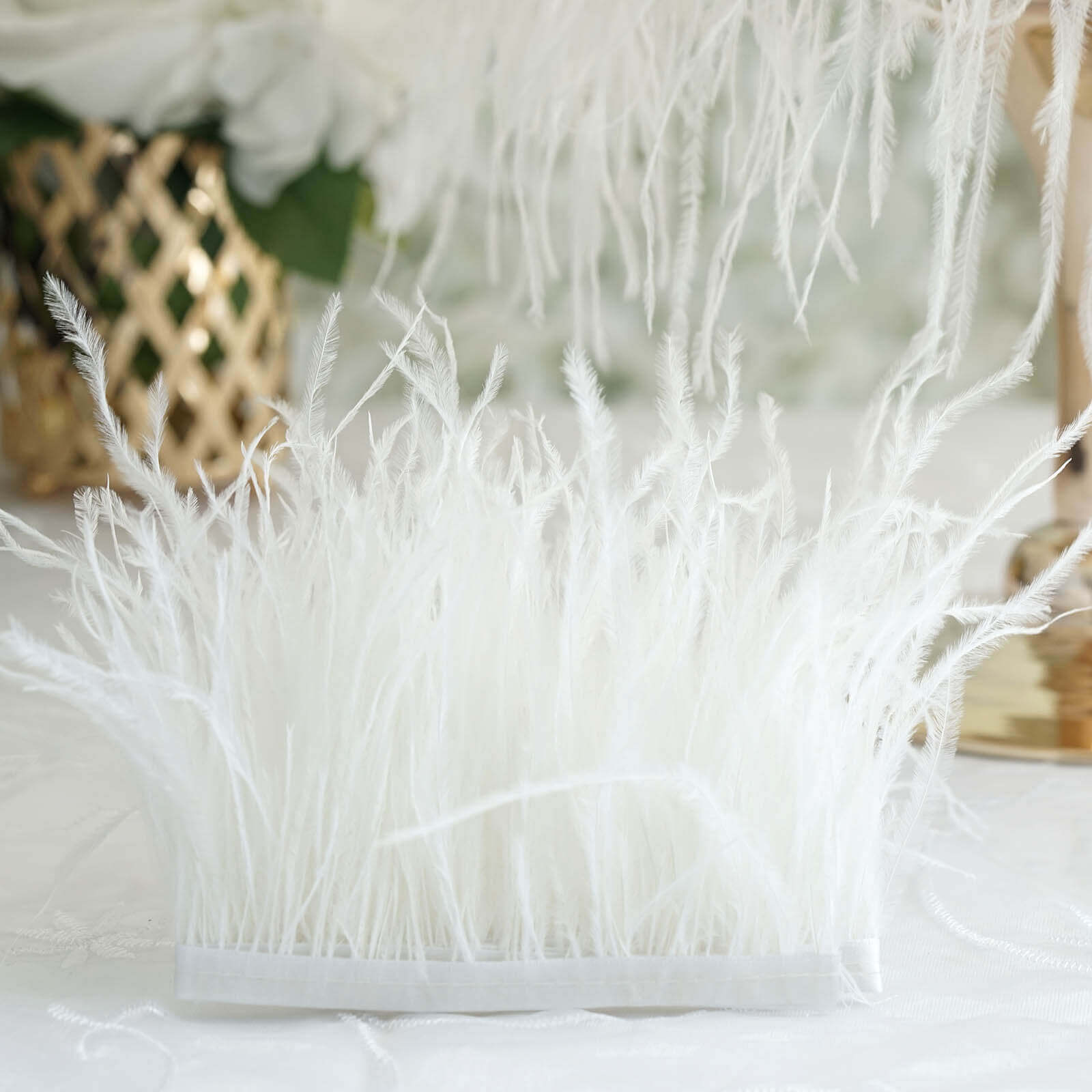 Exclusive 39-Inch White Real Ostrich Feather Fringe Trim with Satin Ribbon Tape for DIY Crafts