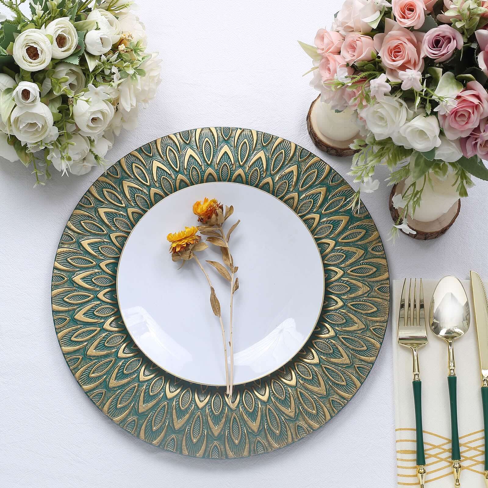 6-Piece Set of 13-Inch Teal Plastic Charger Plates with Gold Embossed Peacock Design