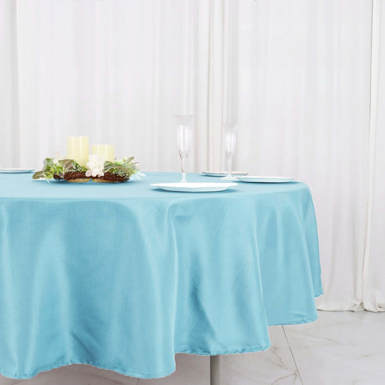 Get This Light Blue 90-Inch Round Polyester Tablecloth - Stain & Wrinkle Free!