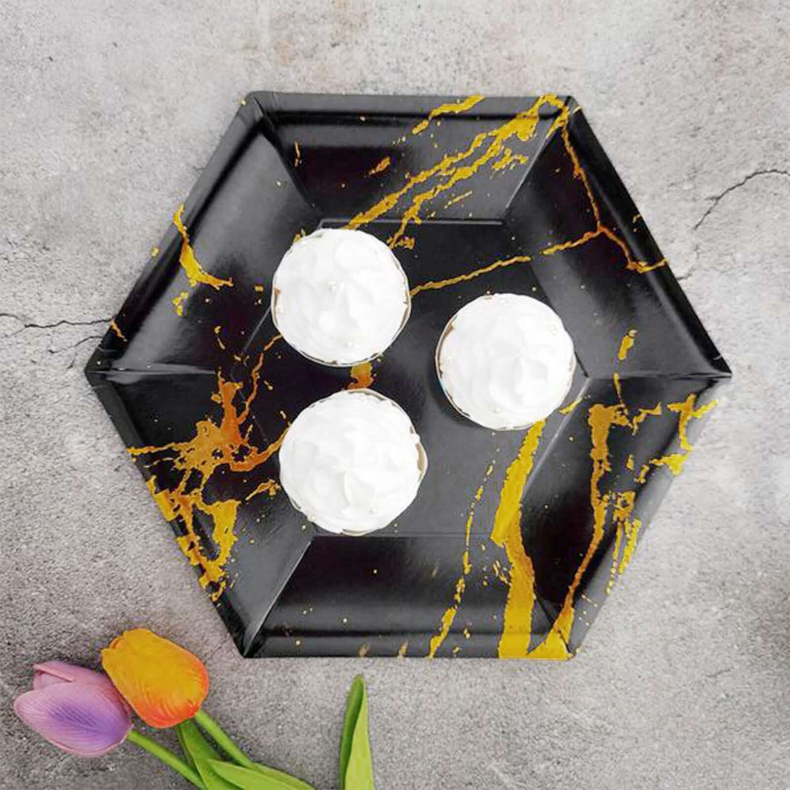 25-Pack Disposable 12" Black Paper Dinner Plates with Gold Marble Design - Ideal for Events