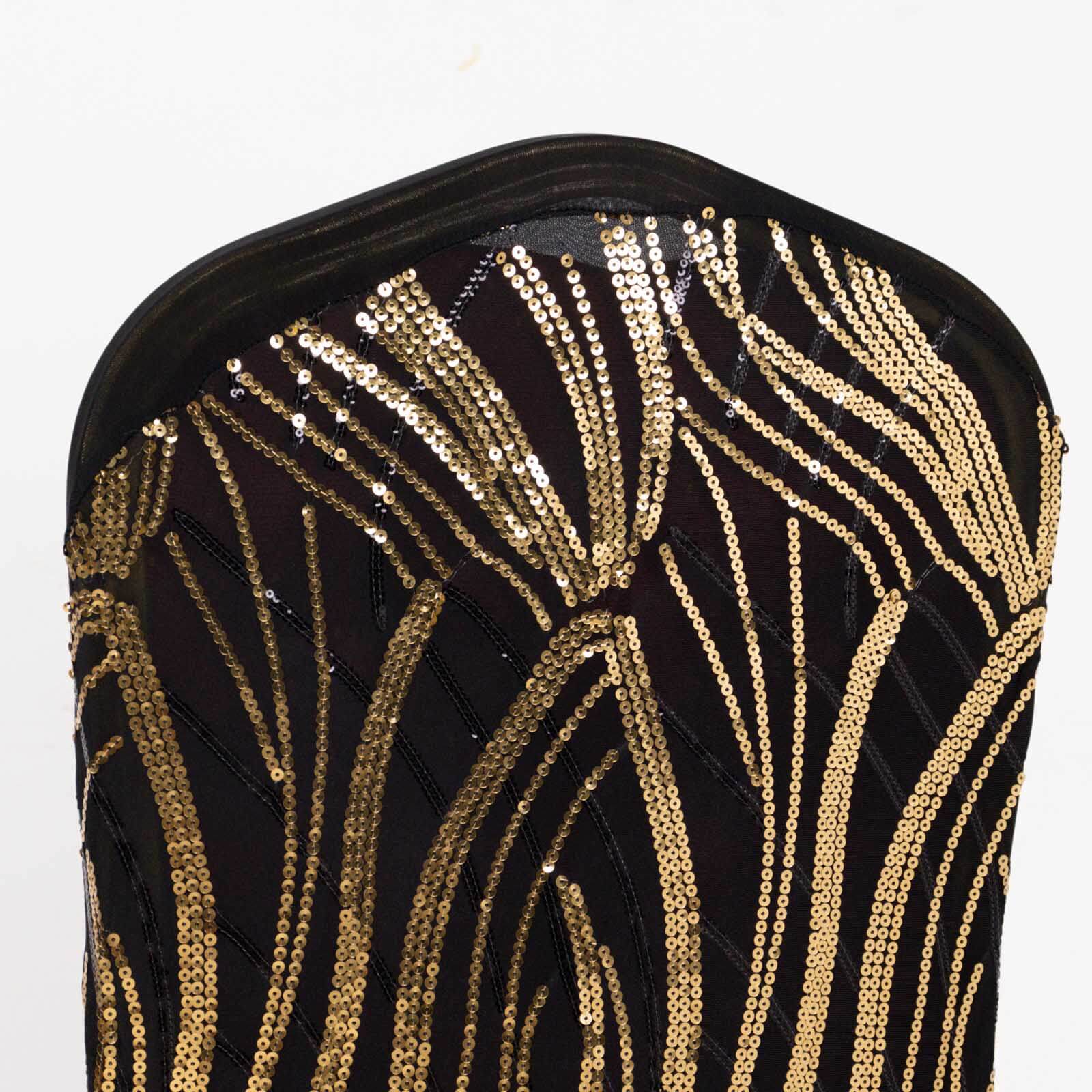 Sparkling Black/Gold Spandex Banquet Chair Cover with Wave Embroidered Sequins - Fitted Stretch Slipcover