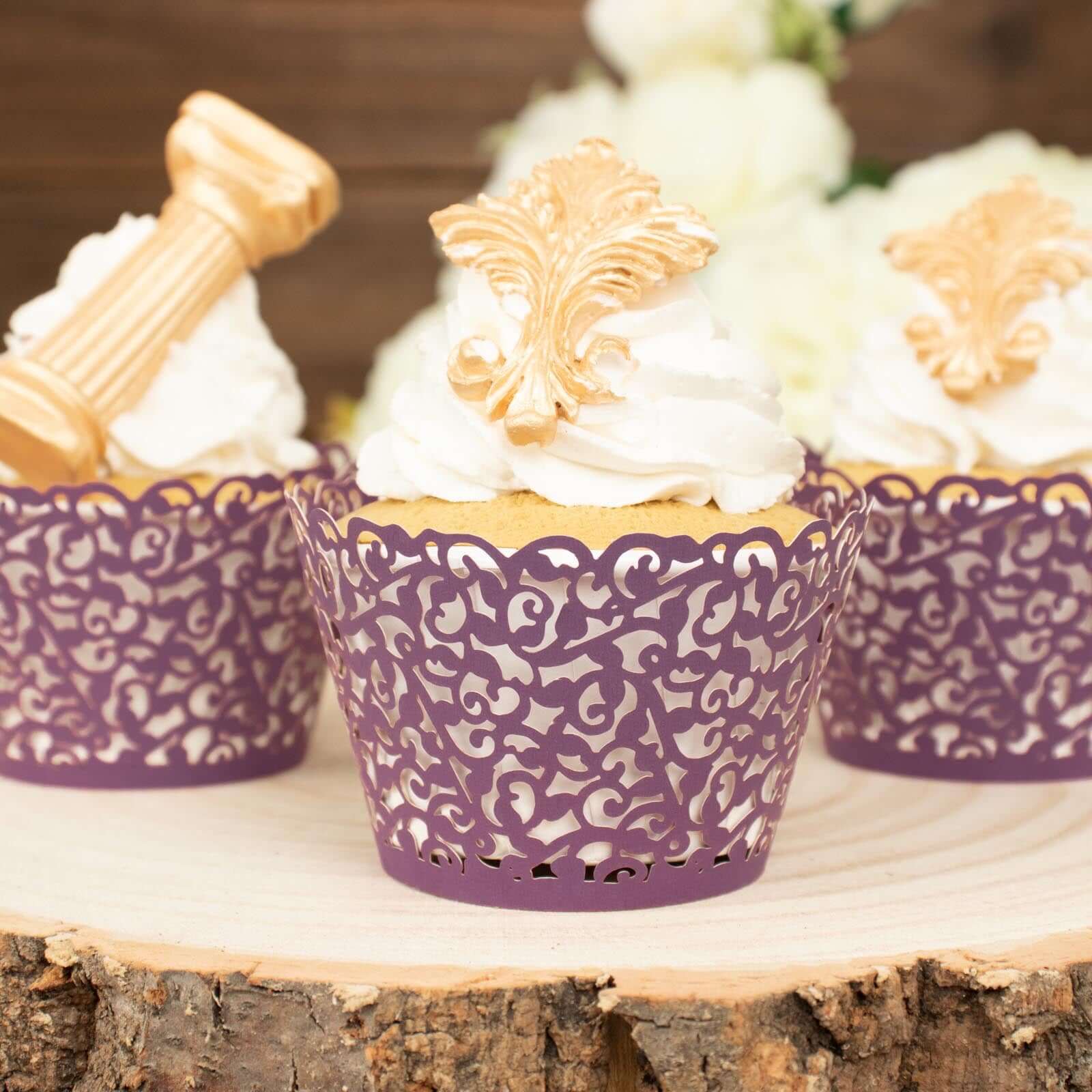 25-Piece Purple Lace Laser-Cut Paper Cupcake Wrappers for Event Baking