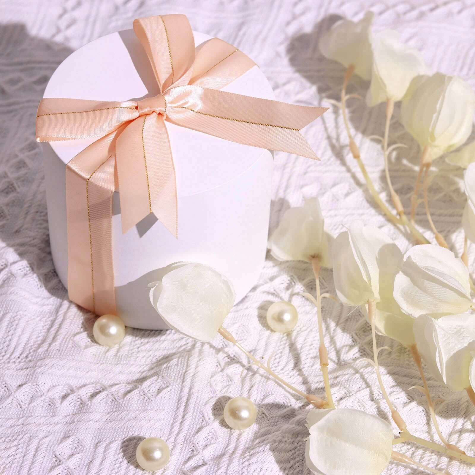 50 Pieces 10-Inch Blush Satin Pre-Tied Ribbon Bows with Gold Foil Lining for Party Decor