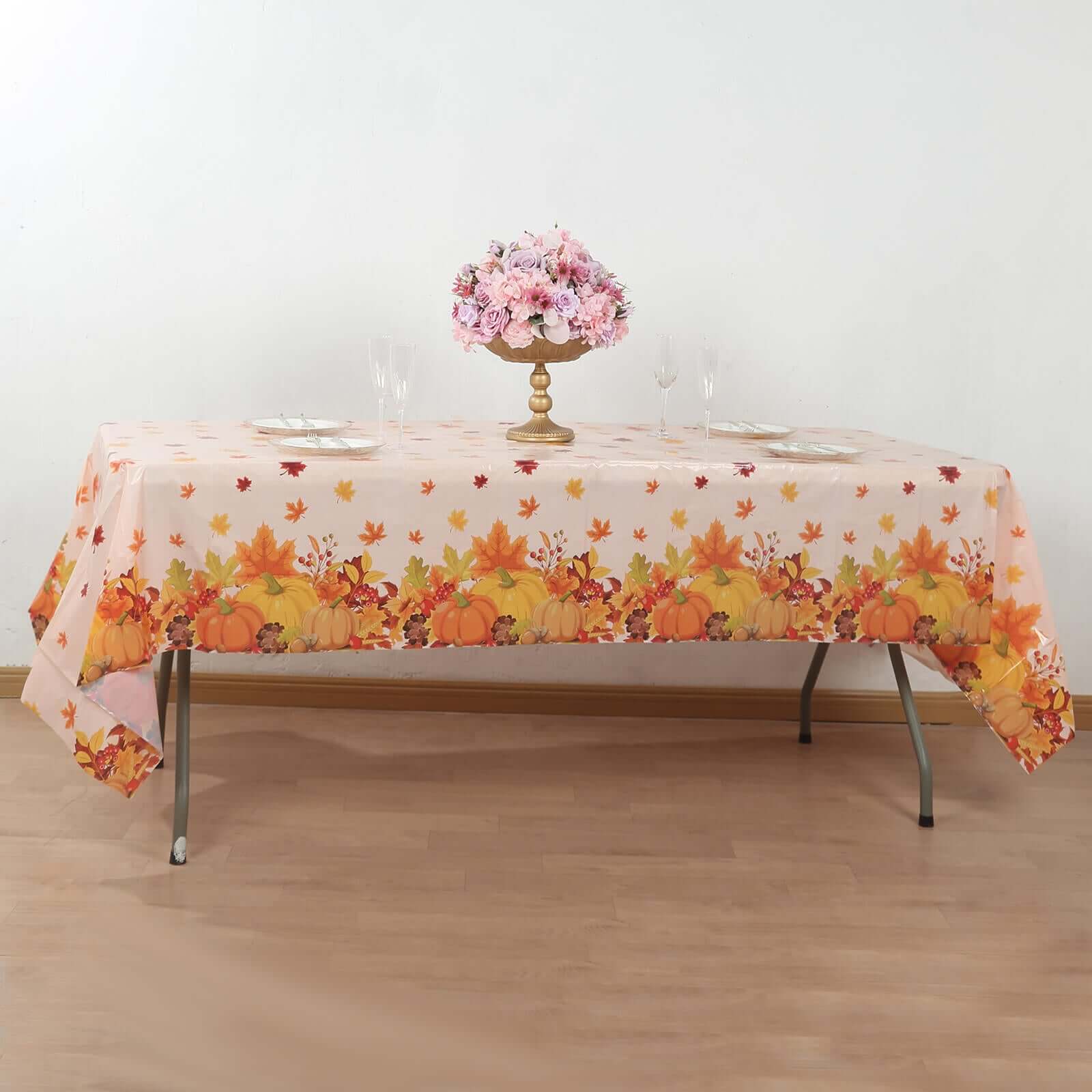 5-Pack Orange Thanksgiving Plastic Rectangle Tablecloths with Fall Leaves & Pumpkin Print - Festive PVC Disposable Covers