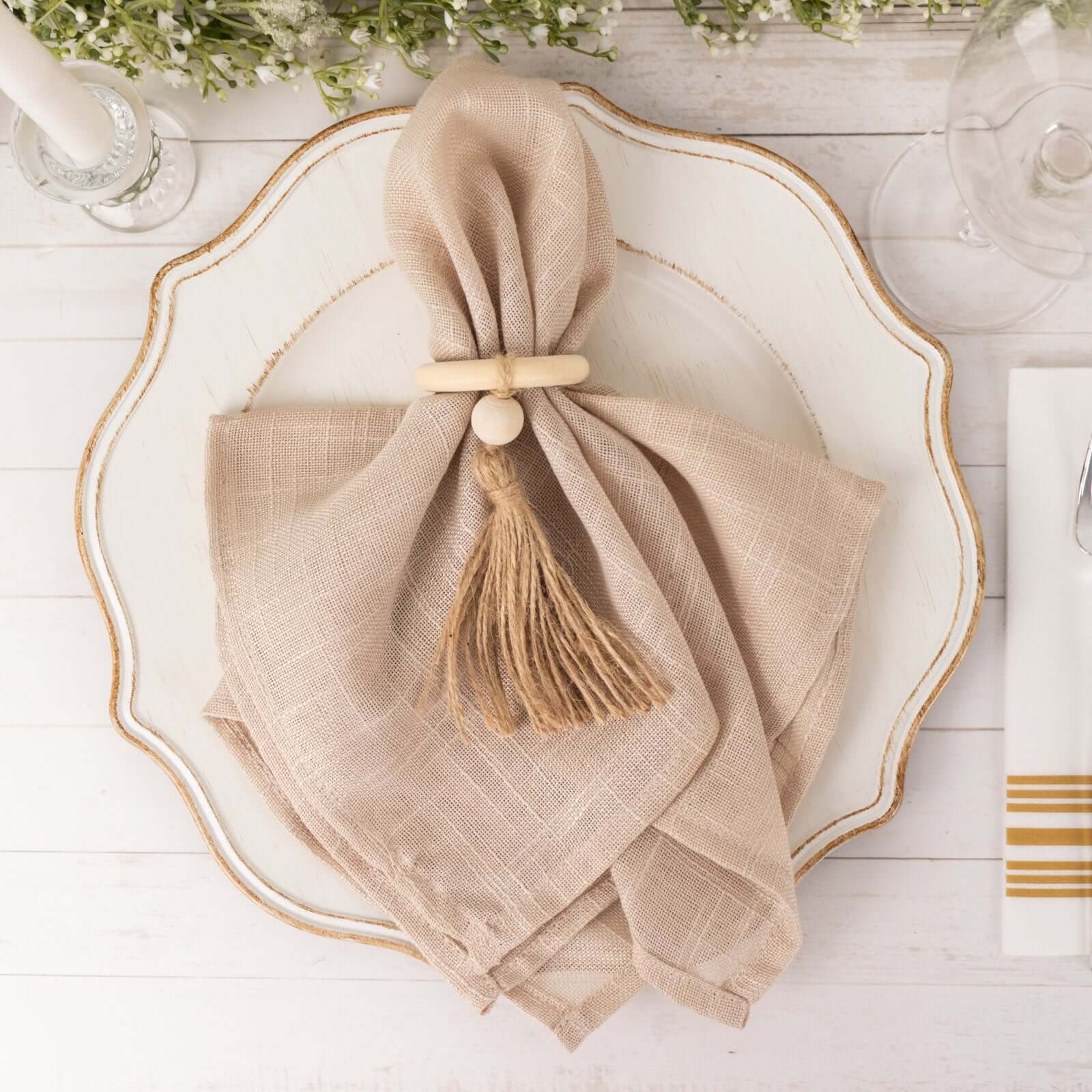 4-Pack Cream Wooden Napkin Rings with Jute Tassels - Rustic Boho Style