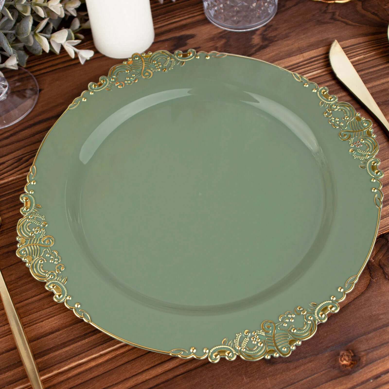 10-Pack Disposable Round Plastic Dinner Plates in Dusty Sage Green with Gold Leaf Embossed Rim - Vintage Baroque Style