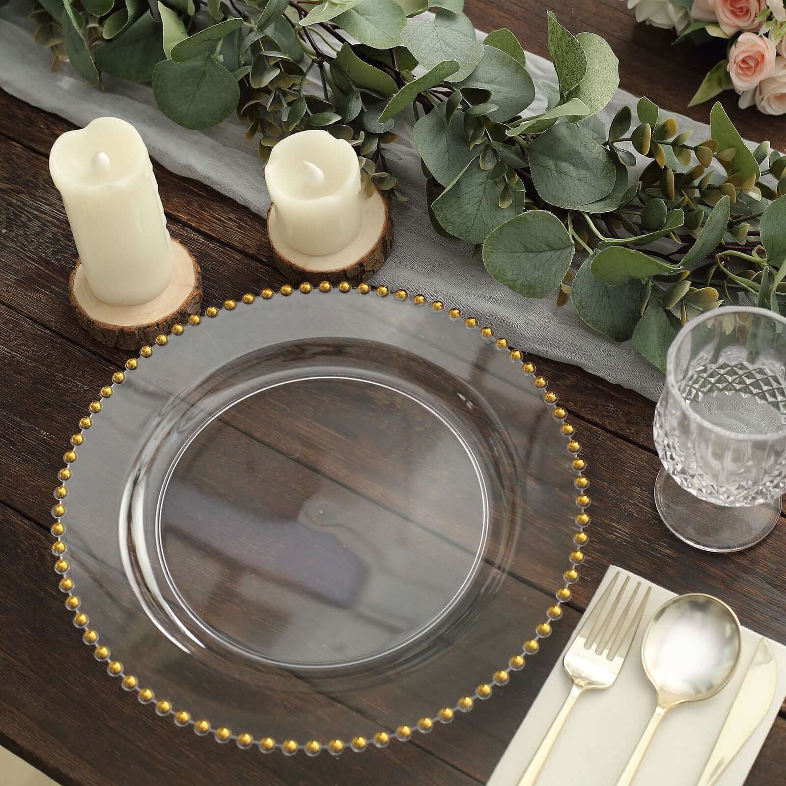 Get 10-Pack of Disposable Round Clear Plastic Dinner Plates with Gold Beaded Rim for Parties