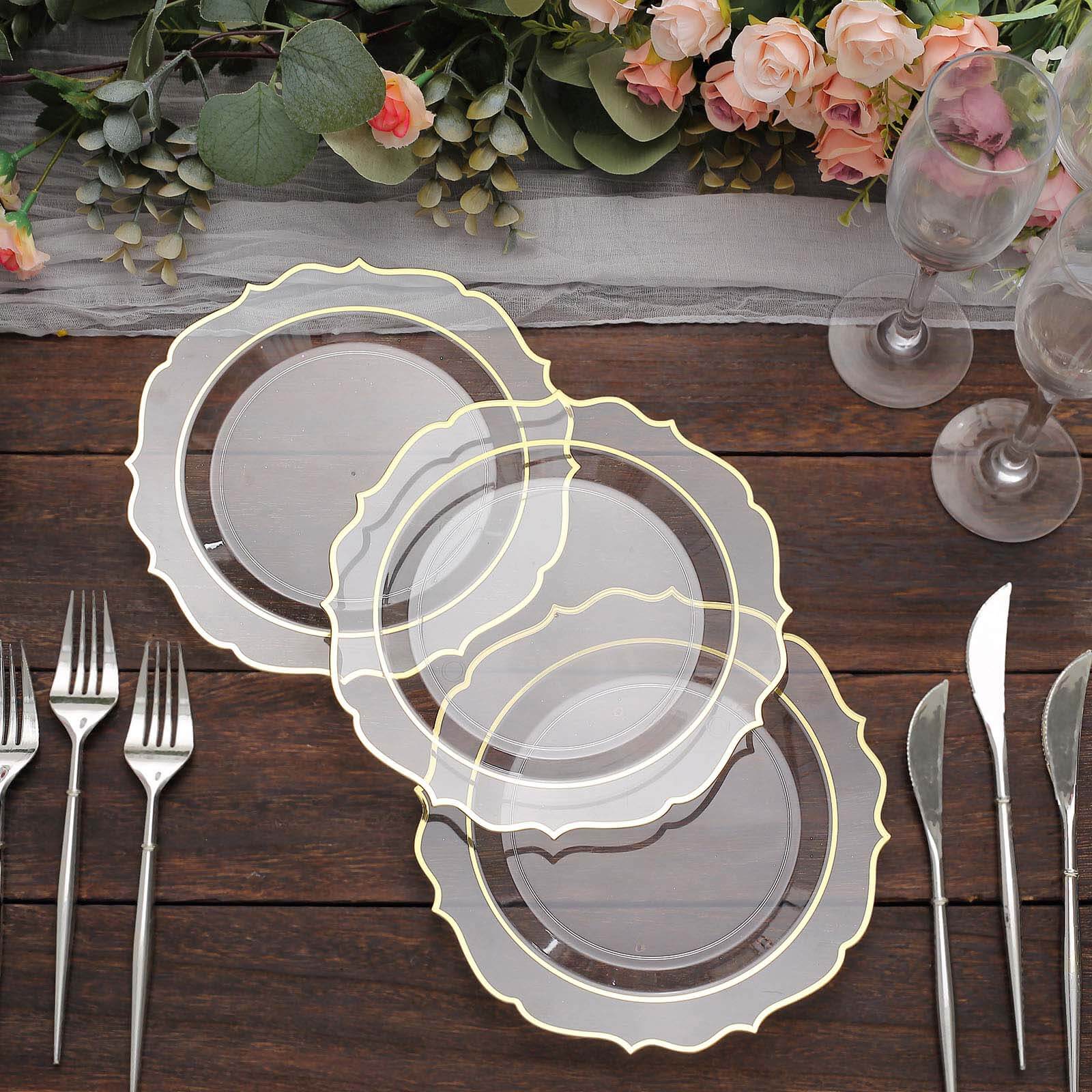 10-Piece Set of Clear Plastic 8-Inch Round Desert Plates with Gold Scalloped Rims - Disposable Appetizer/Salad Plates
