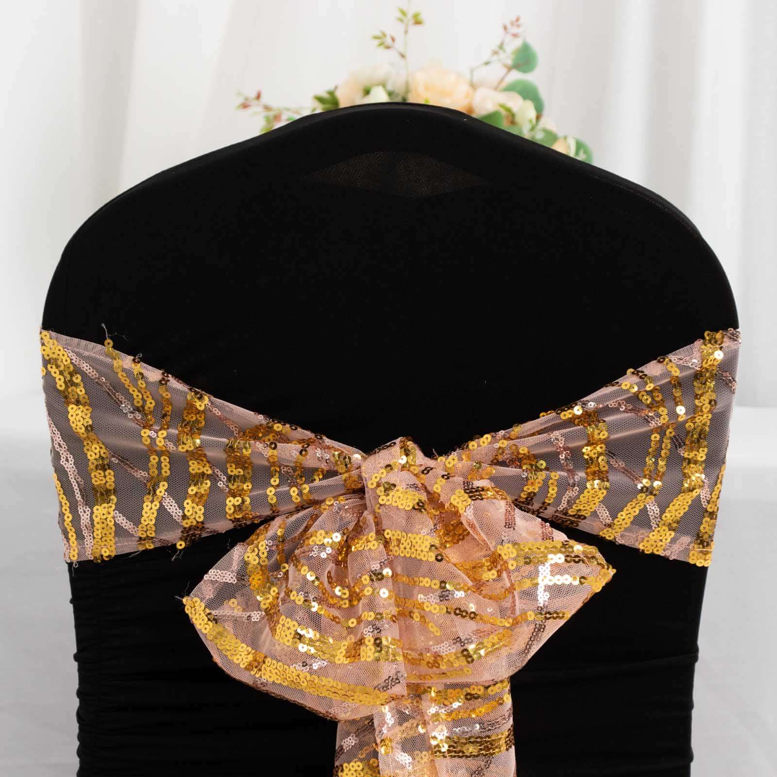 5-Piece Set of Rose Gold/Gold Chair Sashes with Sparkling Wave Embroidered Sequins, 6x88