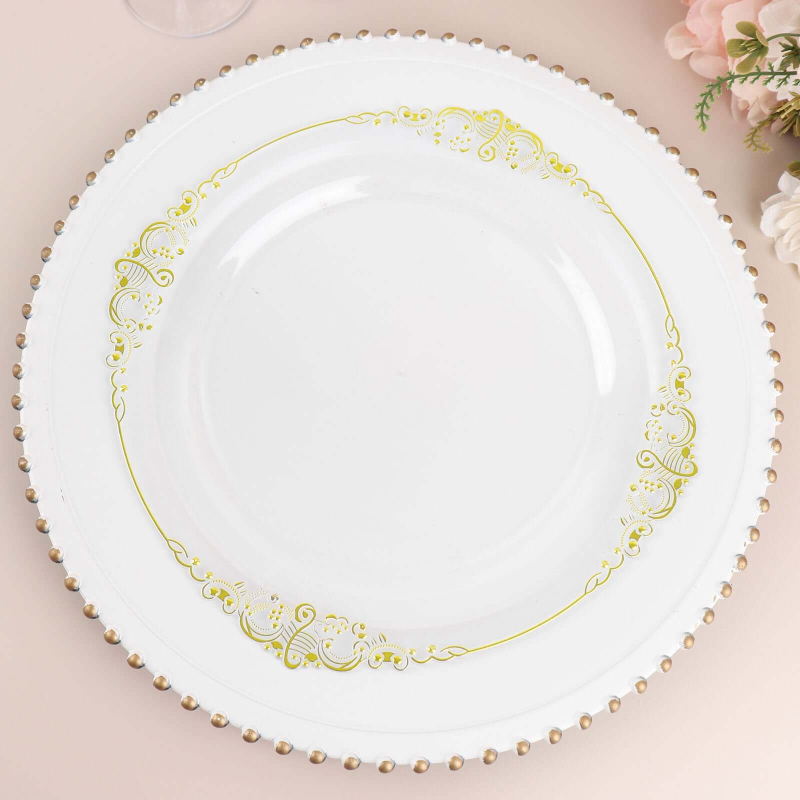 Hot Deal! 10-Pack Disposable Round Plastic Dinner Plates with Gold Leaf Embossed Rim in Vintage Baroque Style