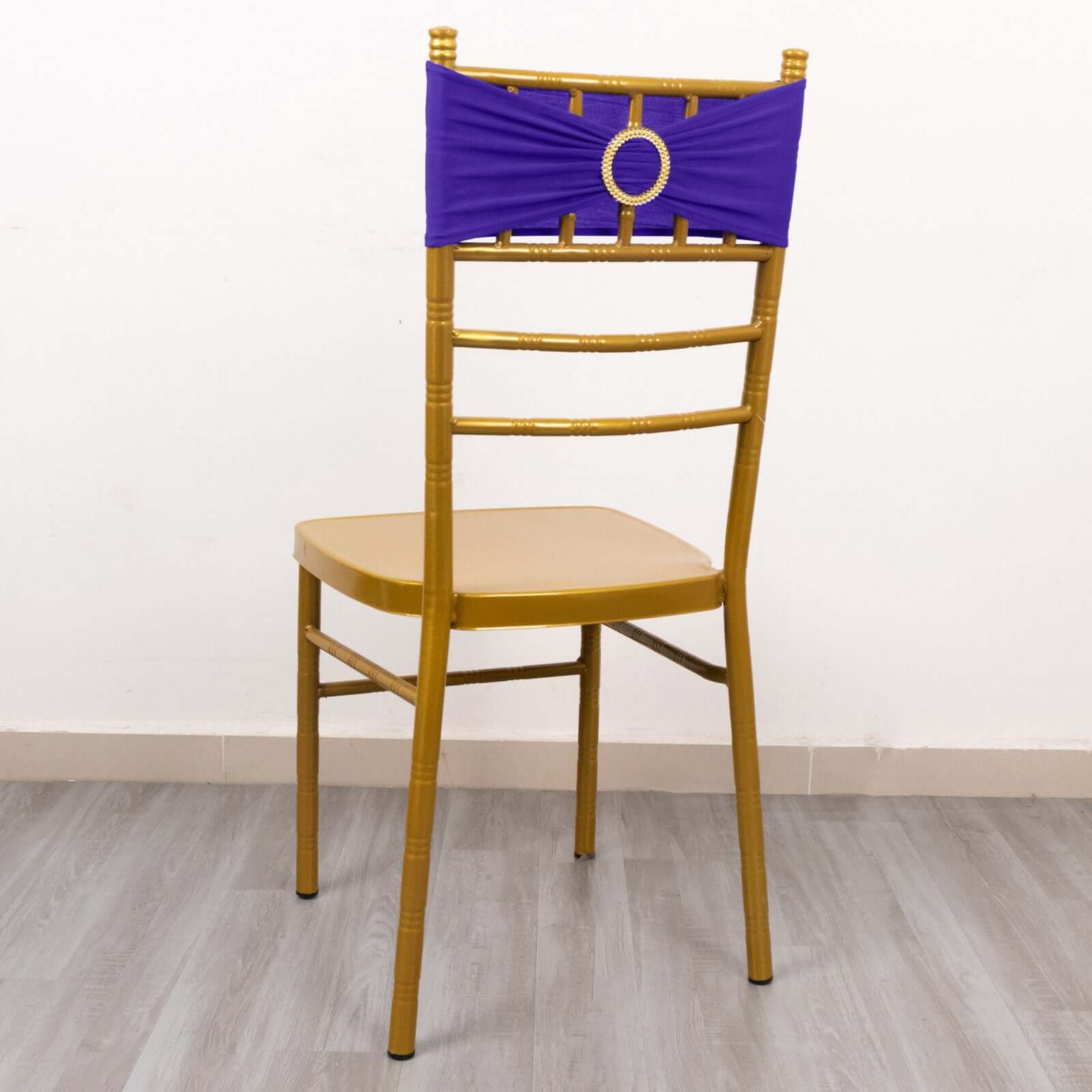 5-Pack Purple Spandex Chair Sashes with Gold Rhinestone Buckles - Reusable Four-Way Stretch Decor