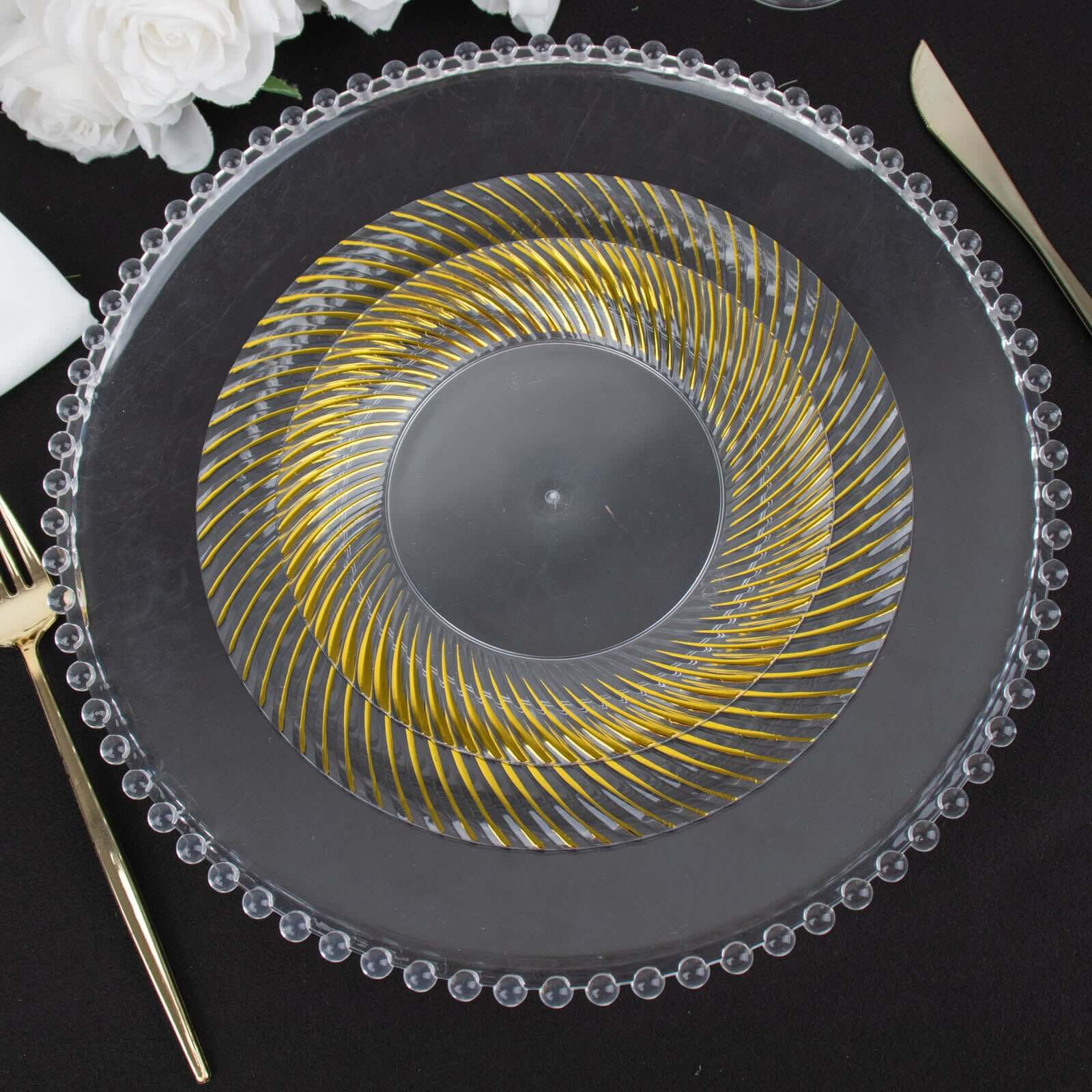 10-Pack Clear Plastic Round Dinner Plates with Gold Swirl Rim - Ideal Disposable Plates for Elegant Parties