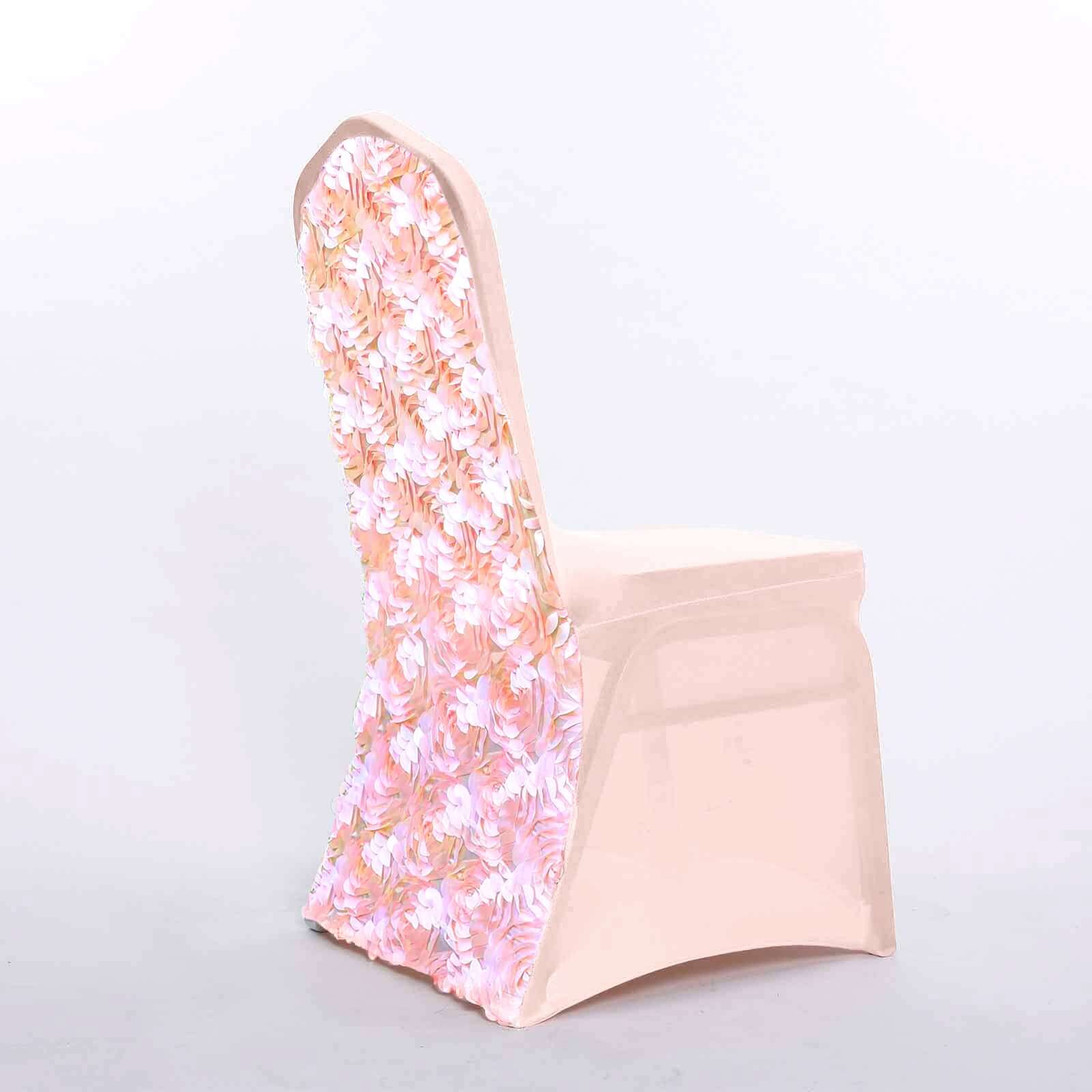 Hot Sale! Stretch Fitted Blush Satin Rosette Banquet Chair Slipcovers