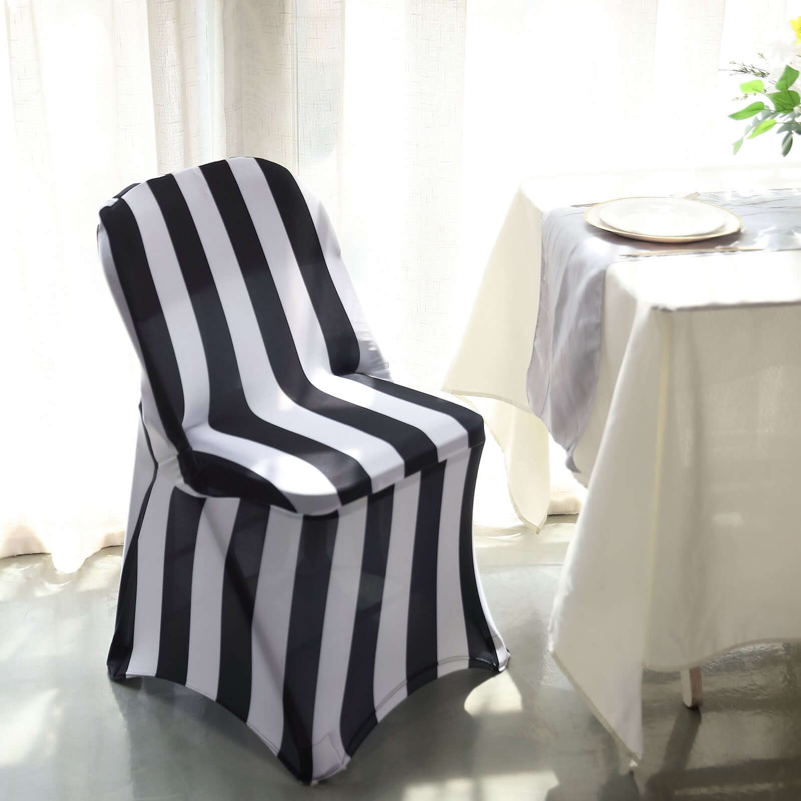 Black/White Vertical Striped 160GSM Stretch Spandex Slipcover for Folding Chairs with Foot Pockets