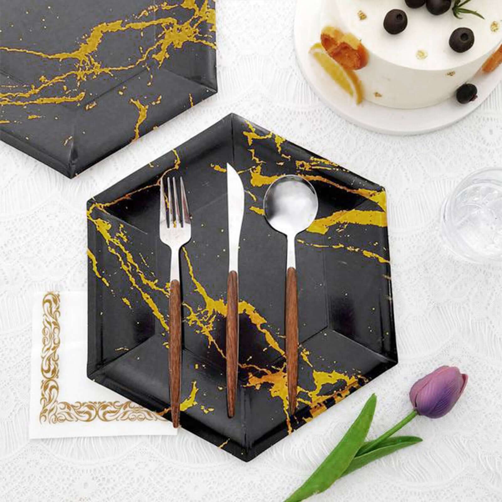 25-Pack Disposable 12" Black Paper Dinner Plates with Gold Marble Design - Ideal for Events