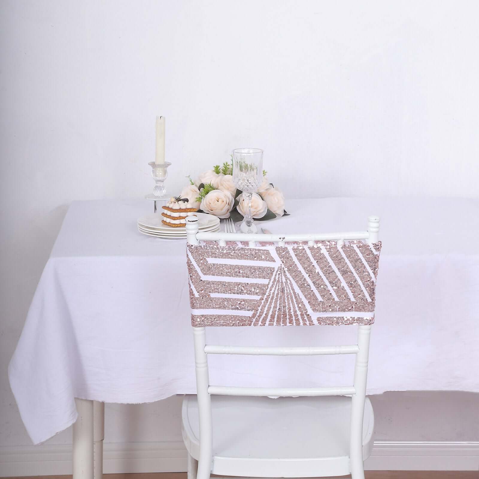 5-Piece Set of Stretchable Sequin Spandex Chair Sashes in White with Rose Gold Geometric Diamond Design