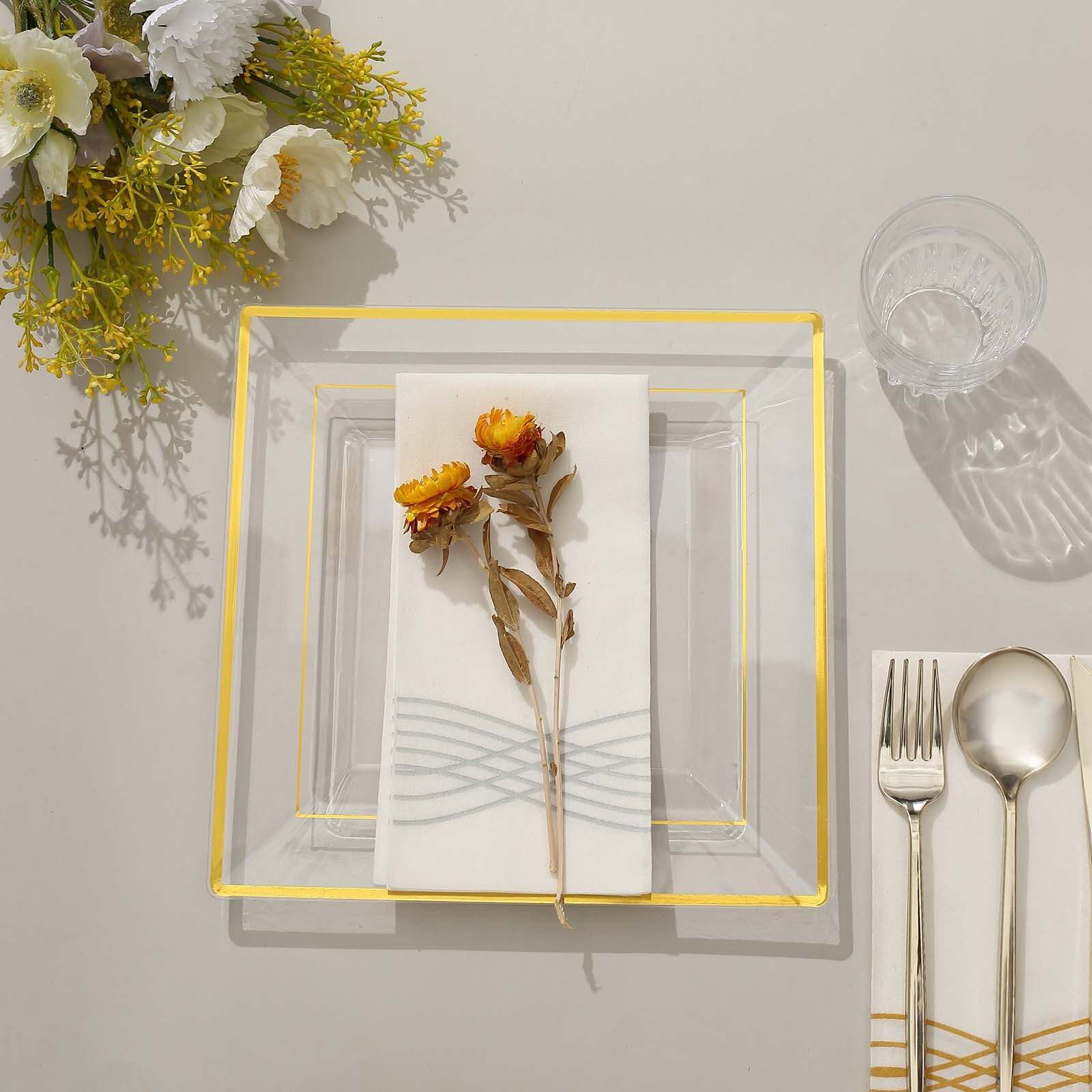 10-Pack Gold Trim Clear Square Plastic Disposable Dinner Plates for Parties