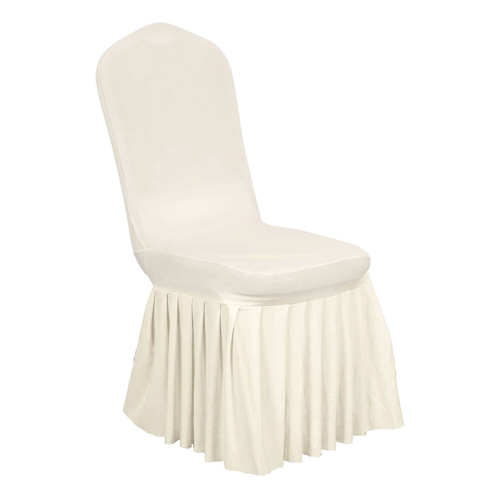Ivory Spandex Chair Cover with Ruffle Pleated Skirt - 1-Piece Stretch Slipcover for Banquet Chairs