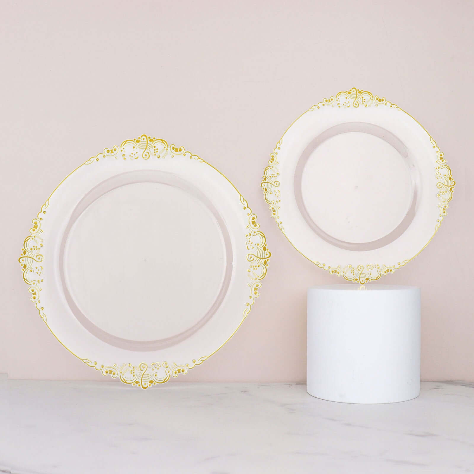 Hot Deal! 10-Pack Disposable Round Plastic Dinner Plates with Gold Leaf Embossed Rim in Vintage Baroque Style