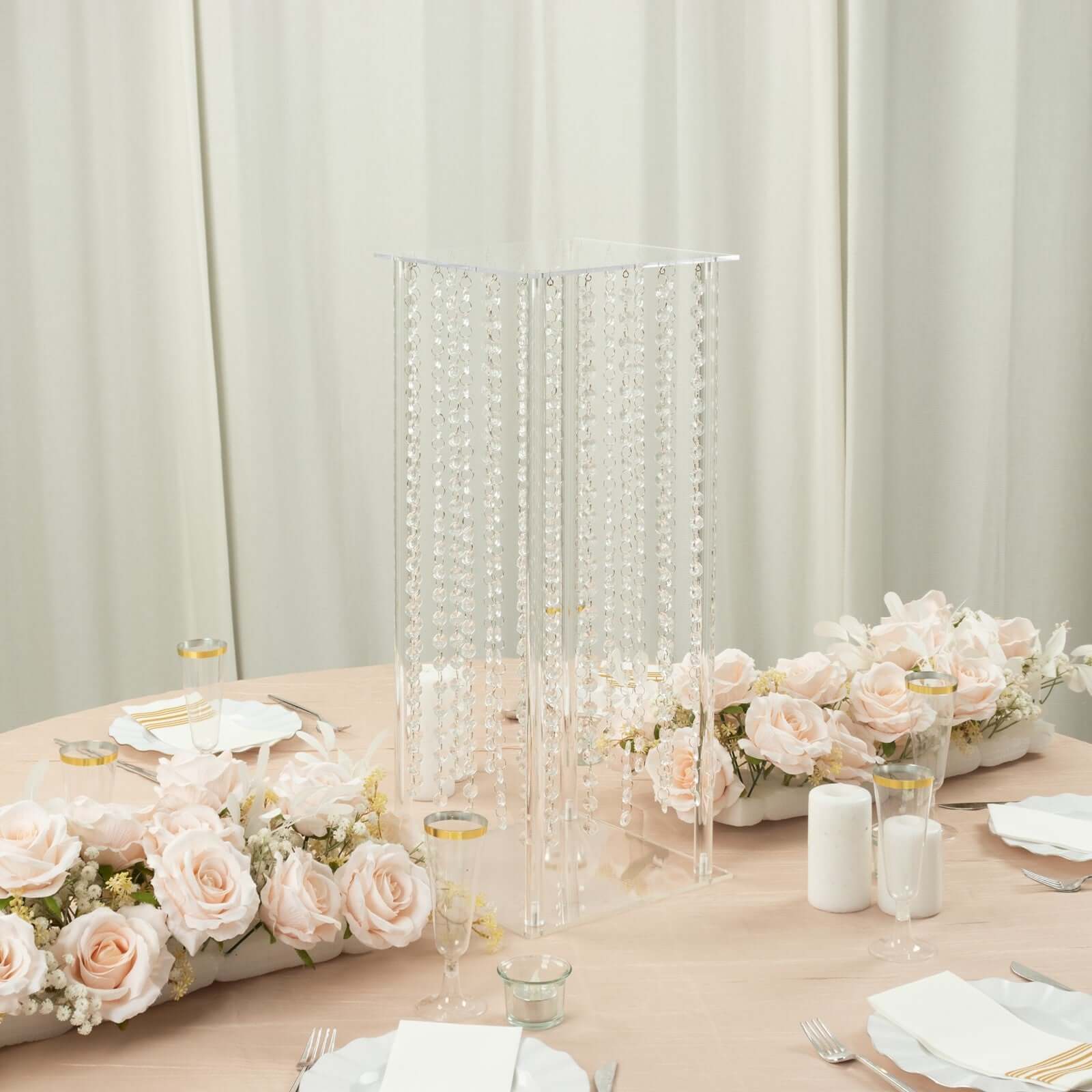 Clear Acrylic Flower Pedestal Vase with Crystal Beads - Ideal Durable Wedding Table Centerpiece, 24 Inches