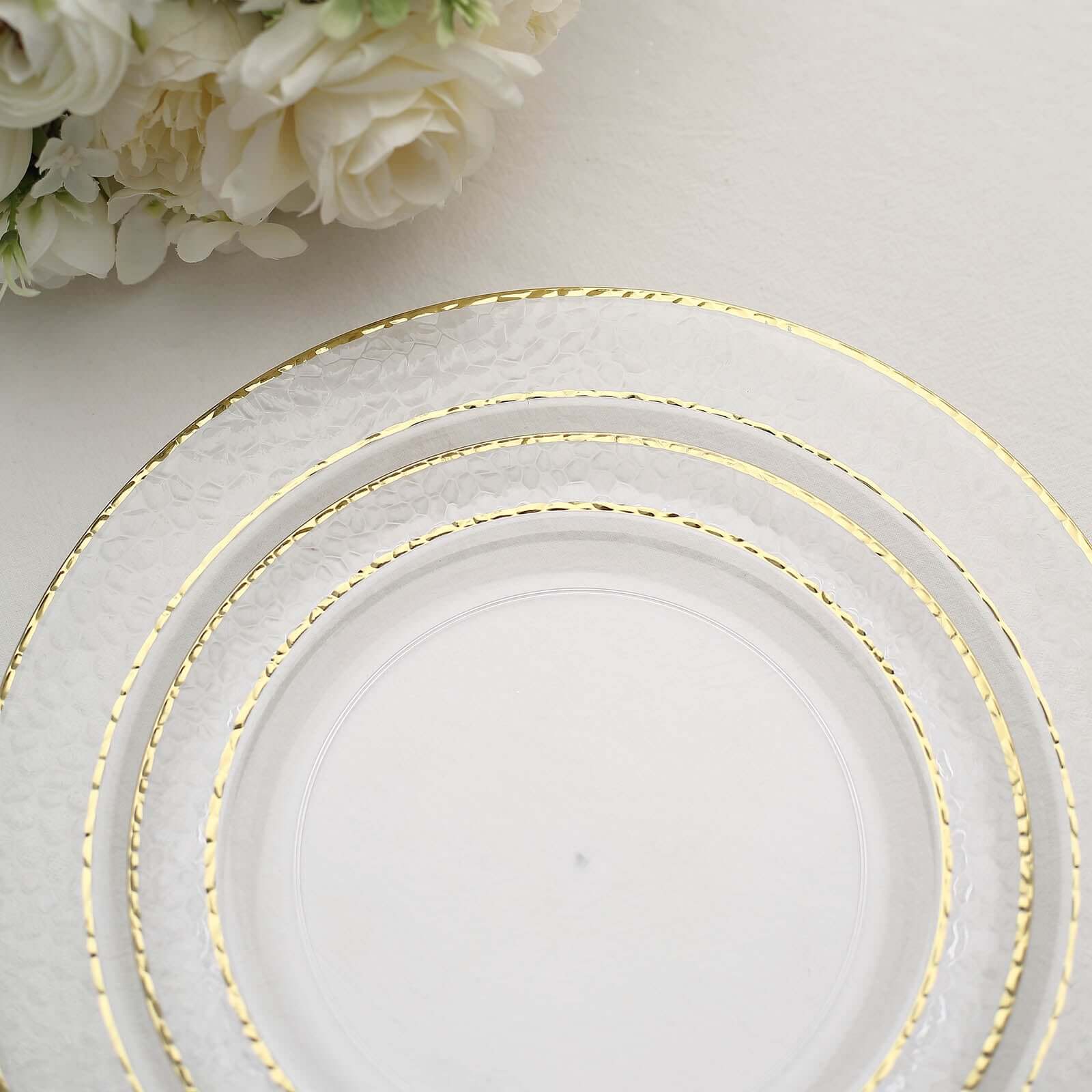 Special Offer! 10-Pack Disposable Round Plastic Dinner Plates with Clear Hammered Design and Gold Rim for Chic Events