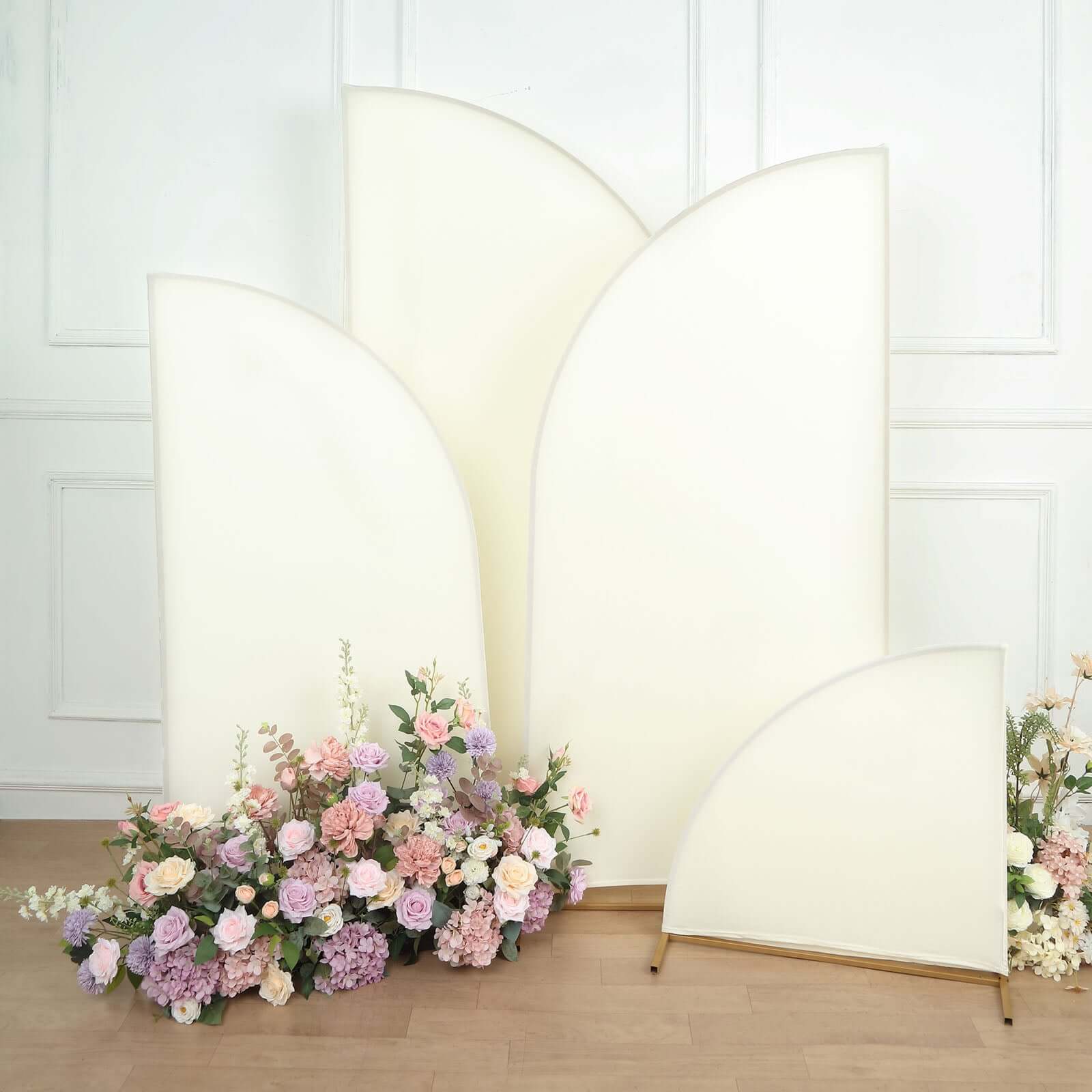 Get 4-Piece Matte Ivory Spandex Half Moon Wedding Arch Covers - Sizes 2.5ft - 7ft