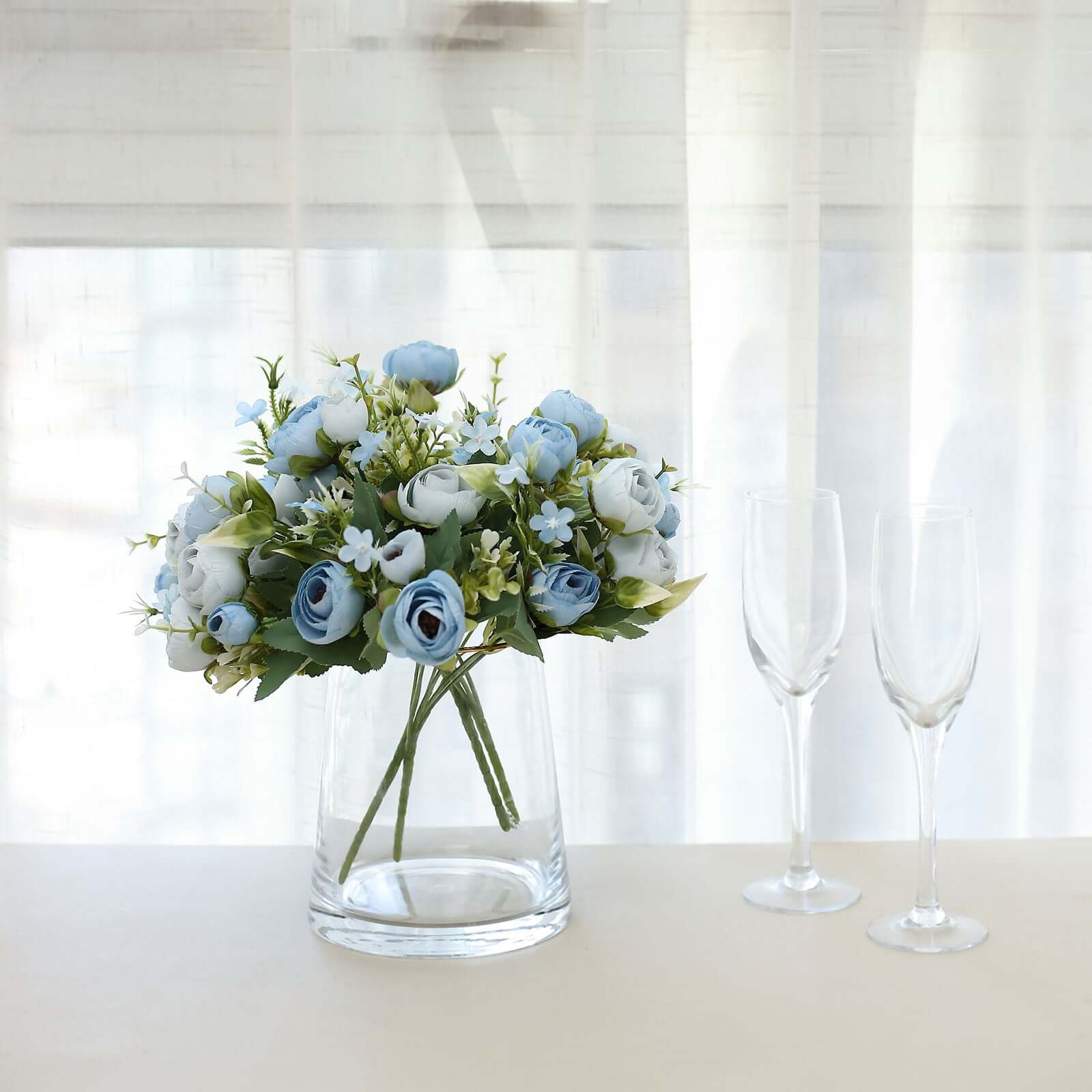 4-Pack Dusty Blue Artificial Ranunculus Silk Flower Bouquets for Bridal and Decor