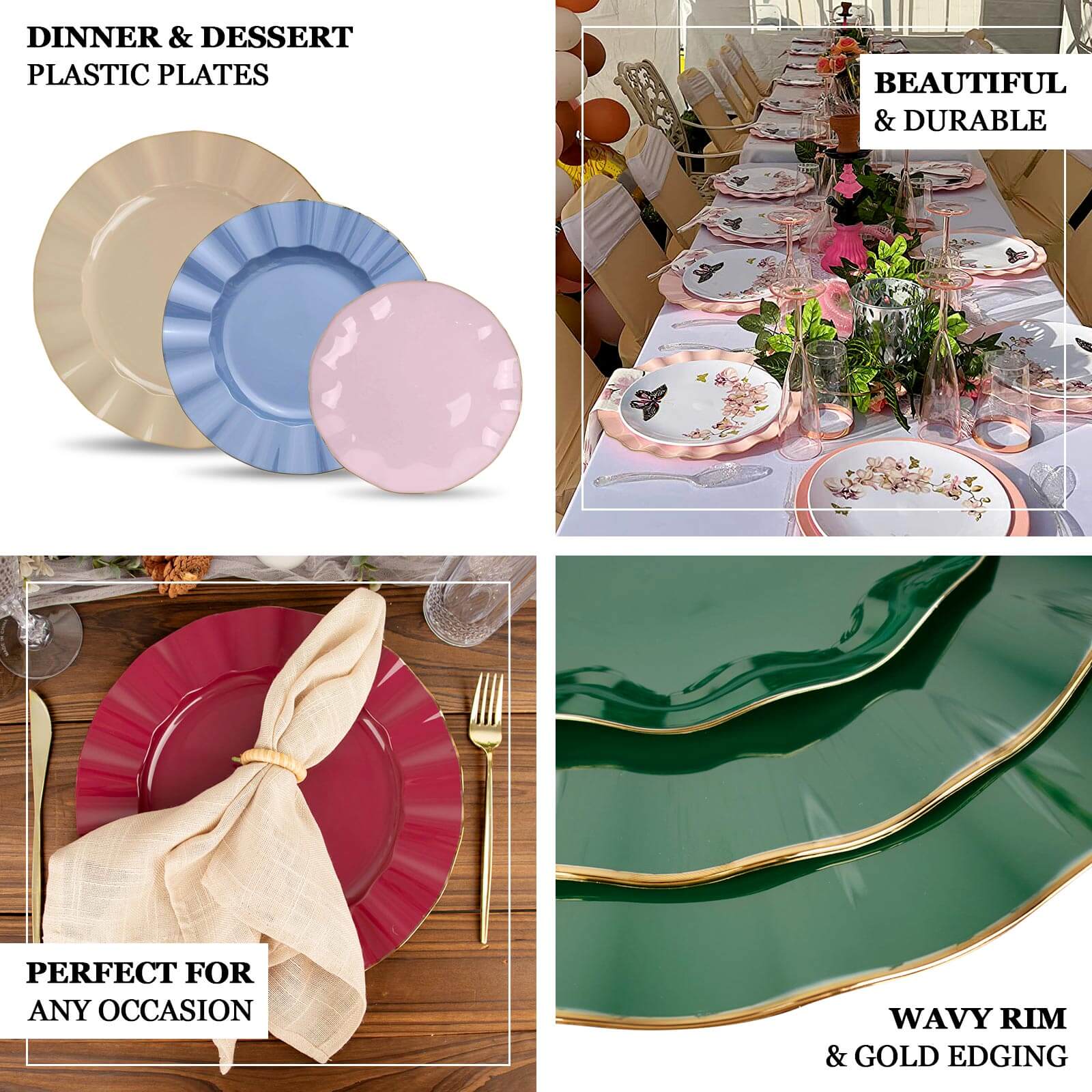 Hot Deal! 10-Pack 11" Navy Blue Plastic Round Dinner Plates with Gold Ruffled Edging - Sturdy Disposable