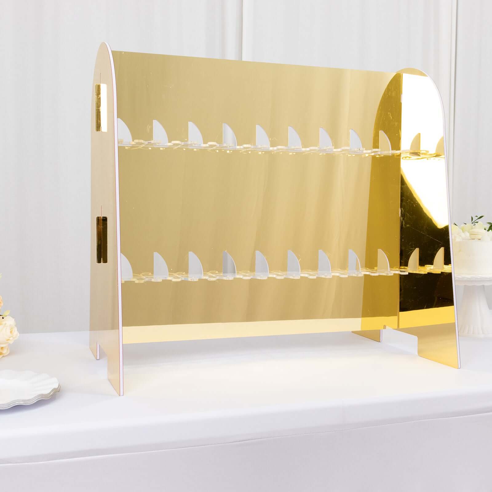 Gold Mirror Finish 2-Tier Champagne Glass Holder Display Stand - Modern Stemware Rack with 18 Hooks for Events