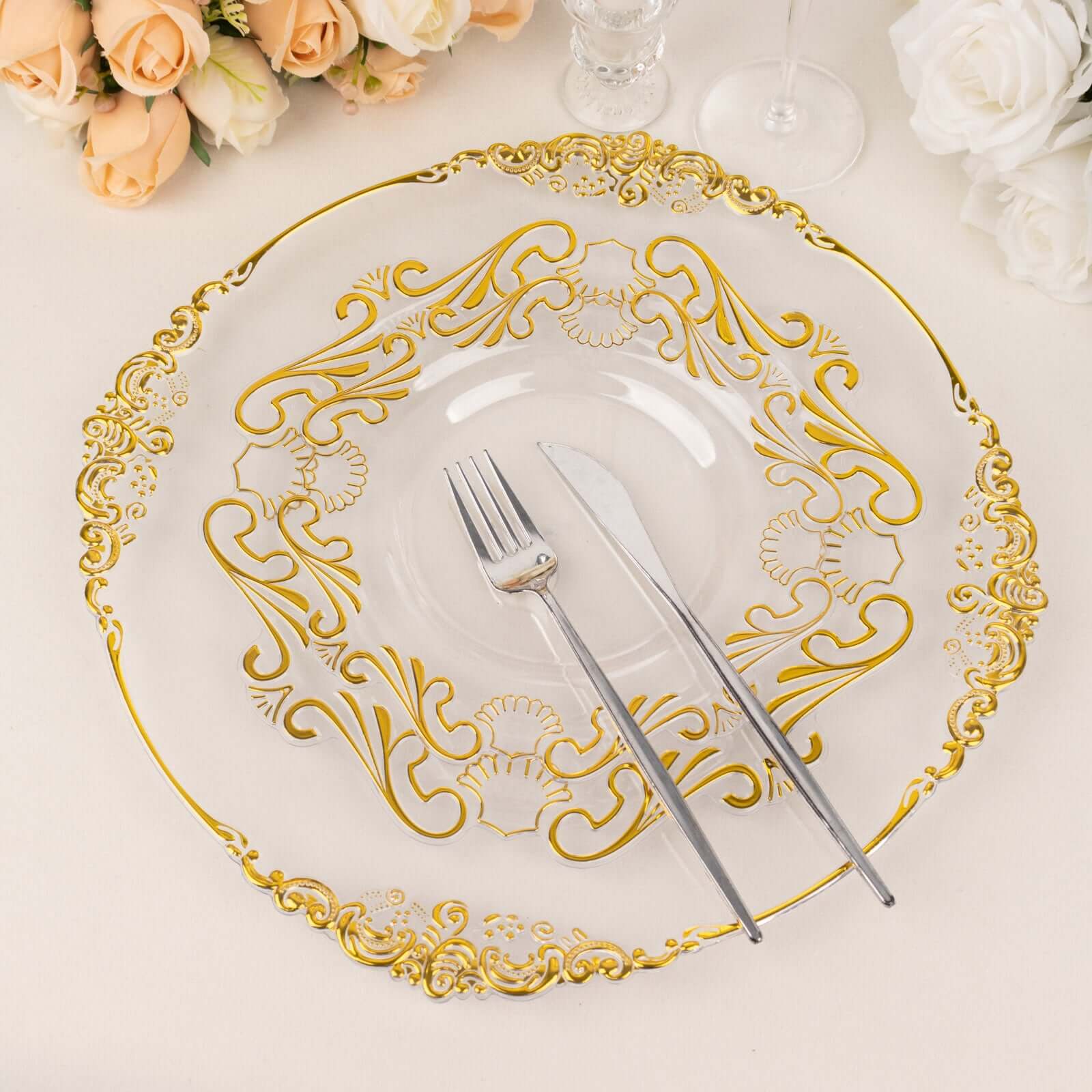 10-Piece Set of Clear Plastic Round Dessert Plates with Gold Vintage Baroque Scalloped Edge