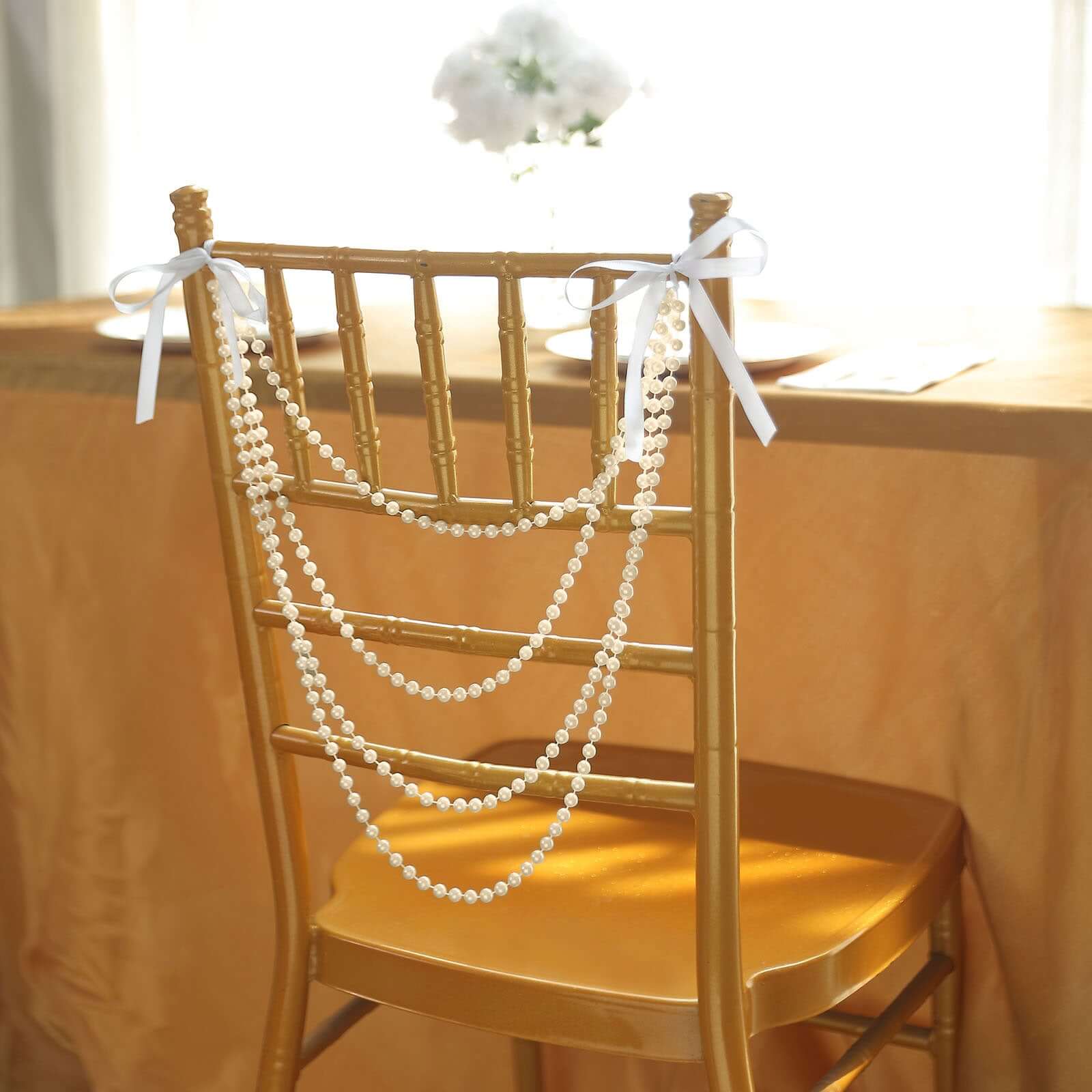 Ivory Faux Pearl Beaded 16-Foot Chair Back Garland Sash - Pre-Tied Gatsby Style for Chiavari Chairs