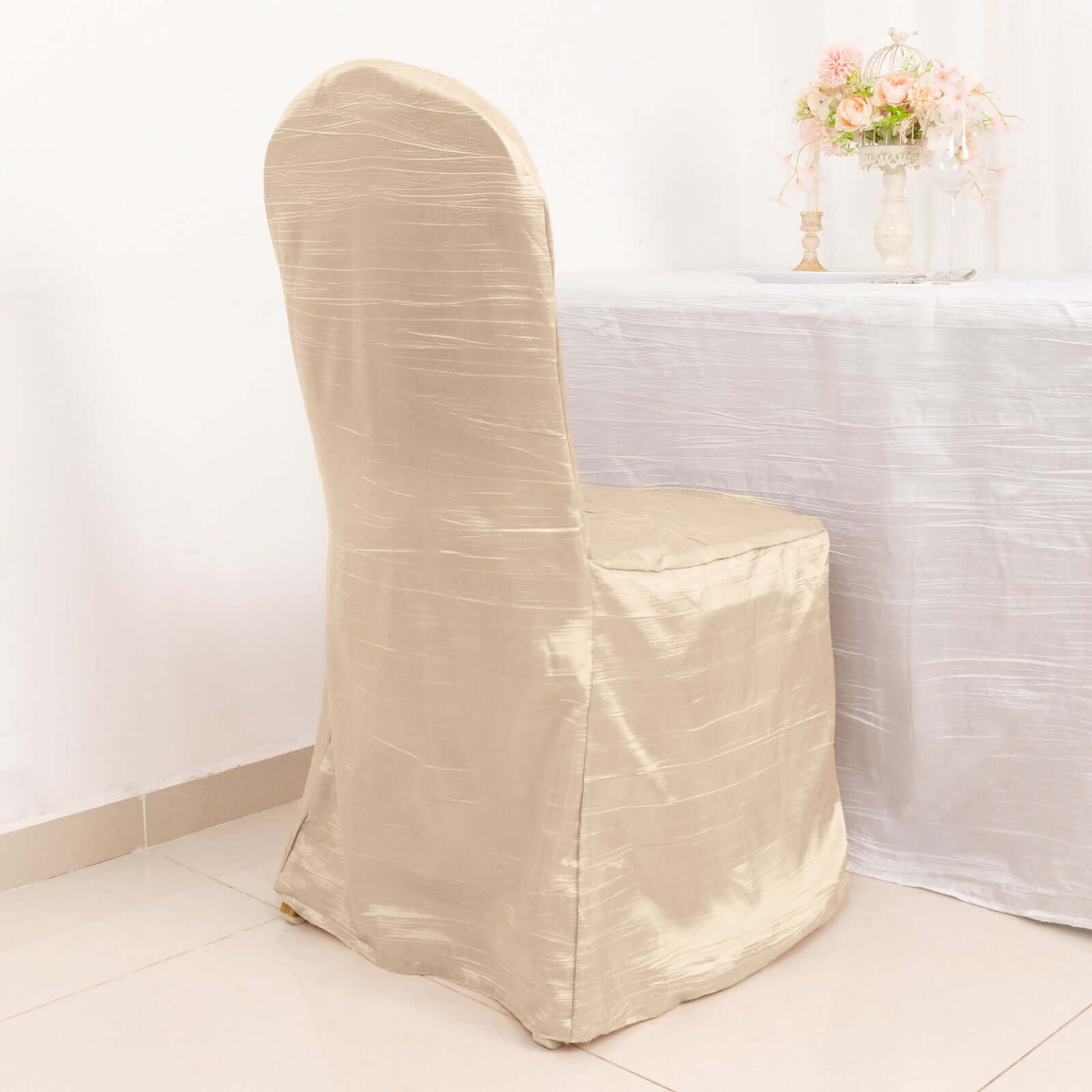 Beige Reusable Crinkle Crushed Taffeta Chair Cover for Banquet Chairs - Great Value!