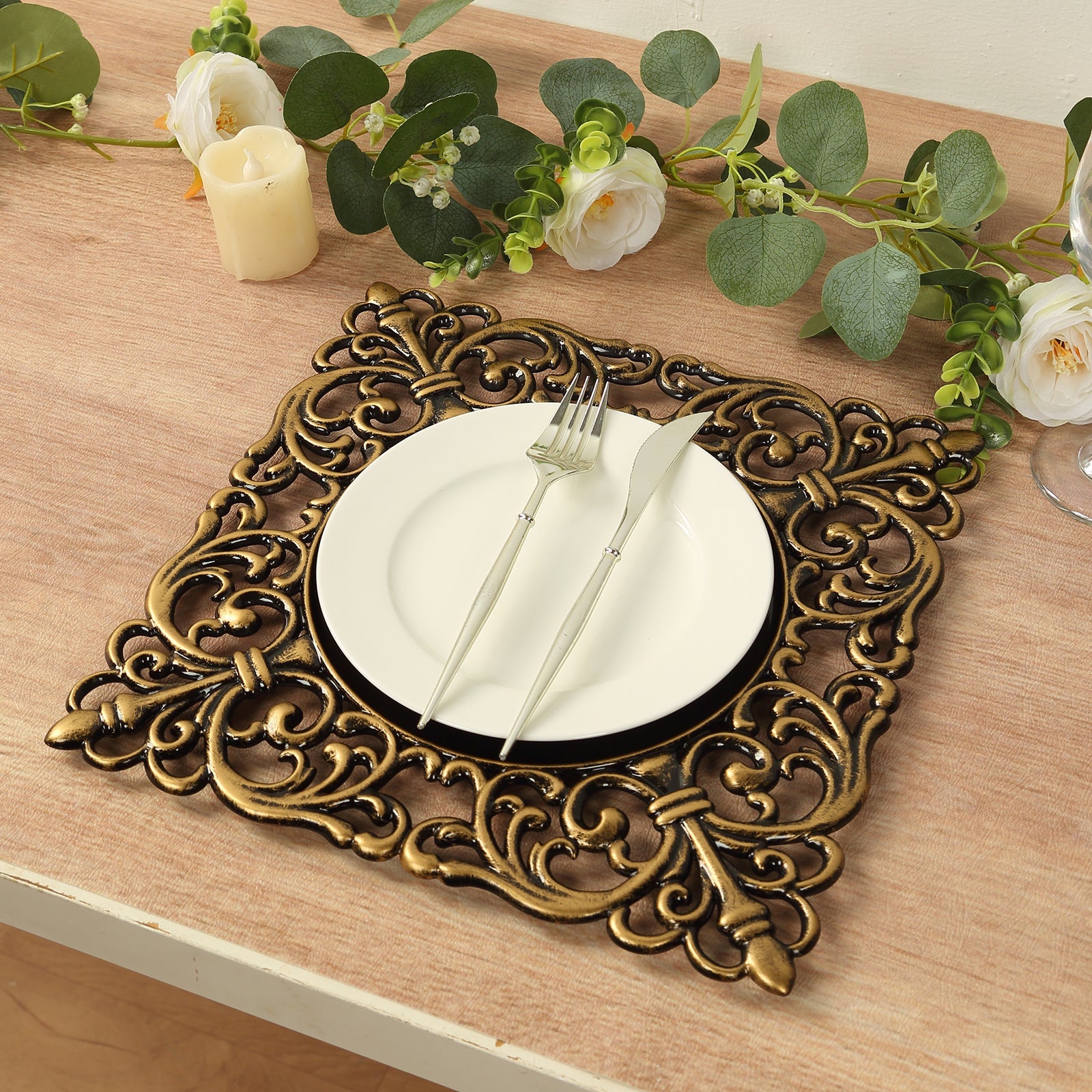 Hot Sale! 6-Pack 12-Inch Black Acrylic Square Charger Plates with Antique Gold Hollow Lace Border for Event Decor